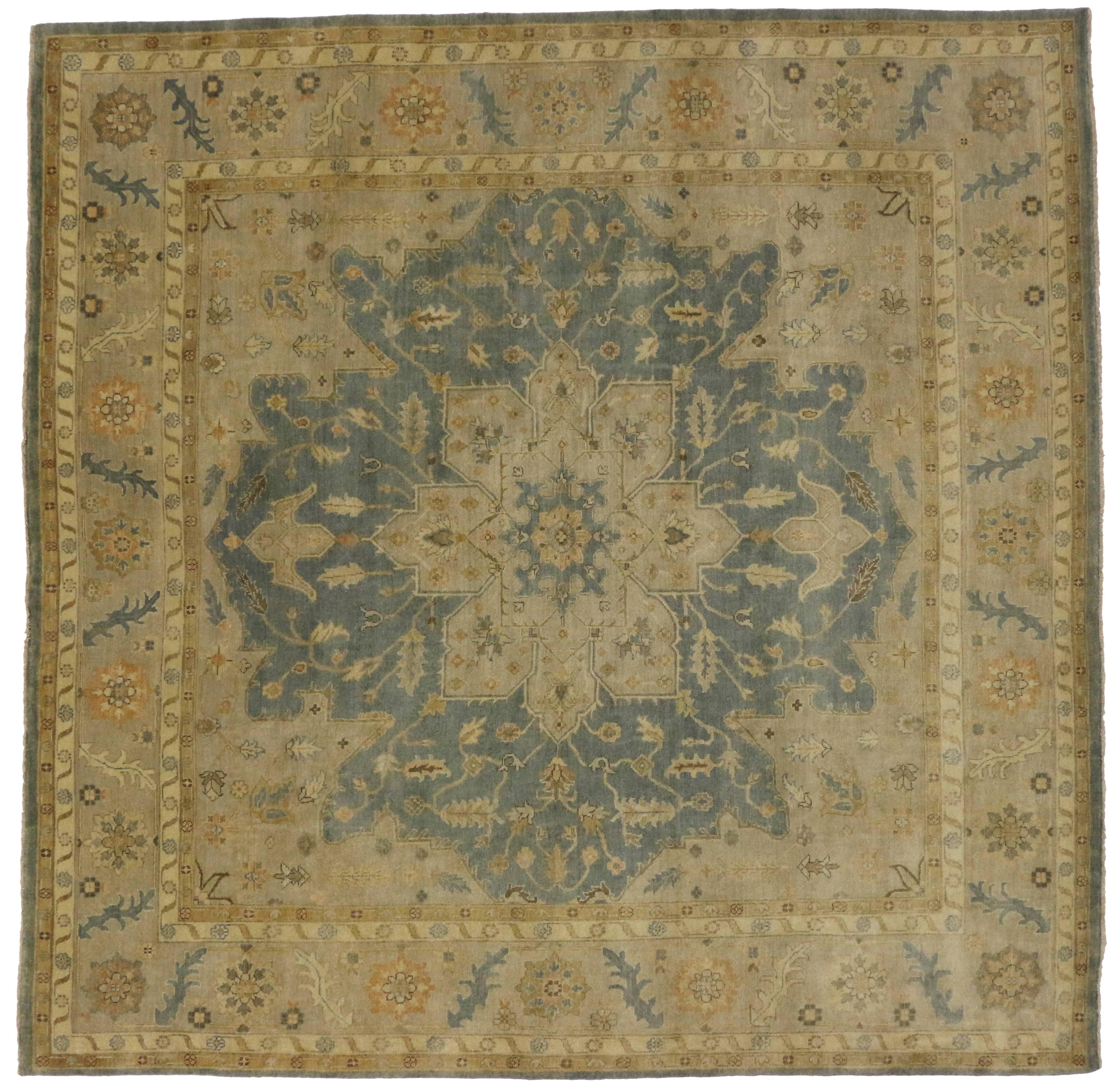 Transitional Square Rug with Persian Heriz Design and Modern Style In Excellent Condition In Dallas, TX