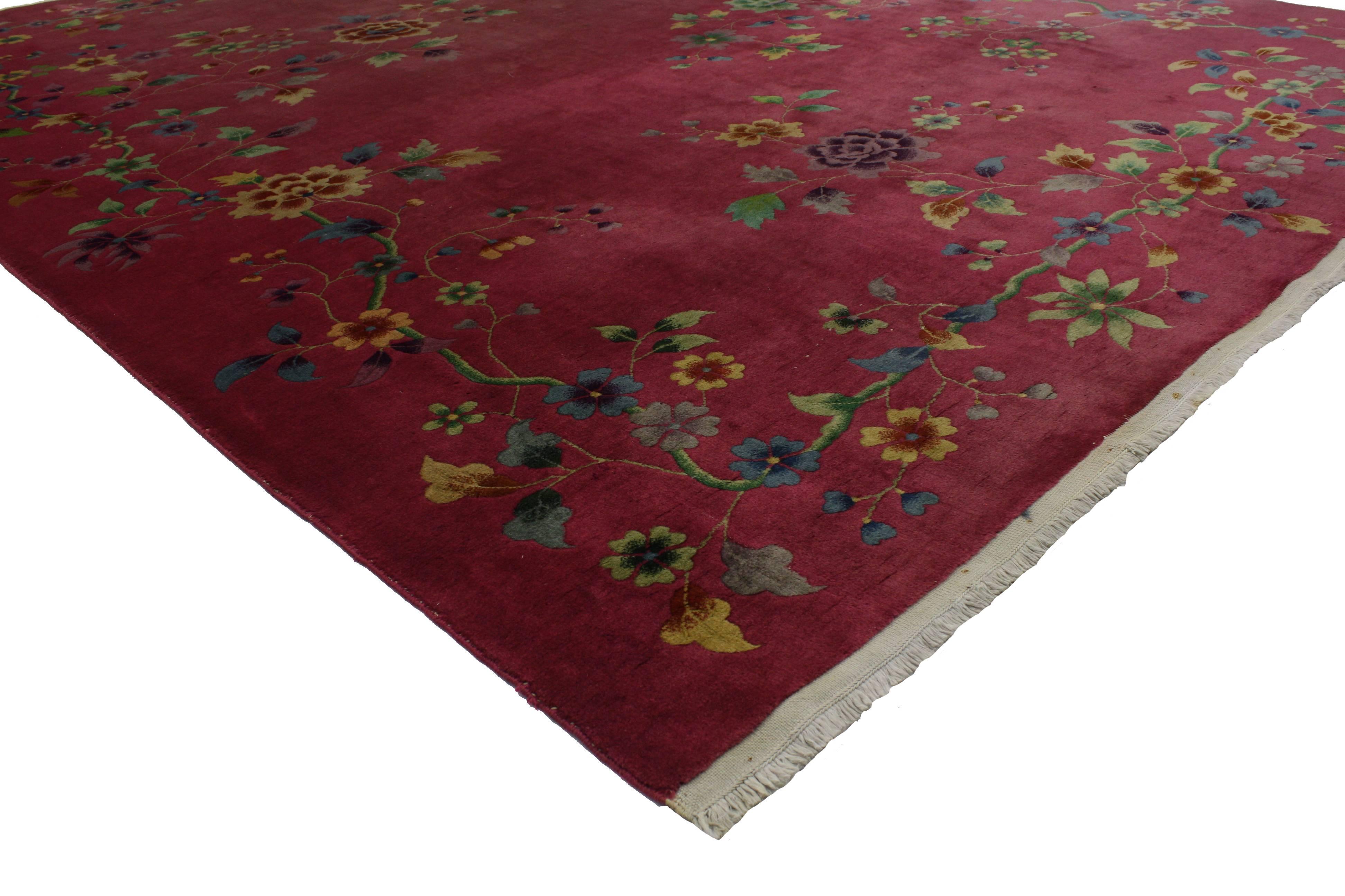 76813 Fuchsia-Raspberry, Early 20th Century Antique Chinese Art Deco Rug. Inject a little deco-color into your home with this early 20th century Chinese Art Deco rug, inspired by Walter Nichols. A vibrant fusion of jewel-tone colors and an