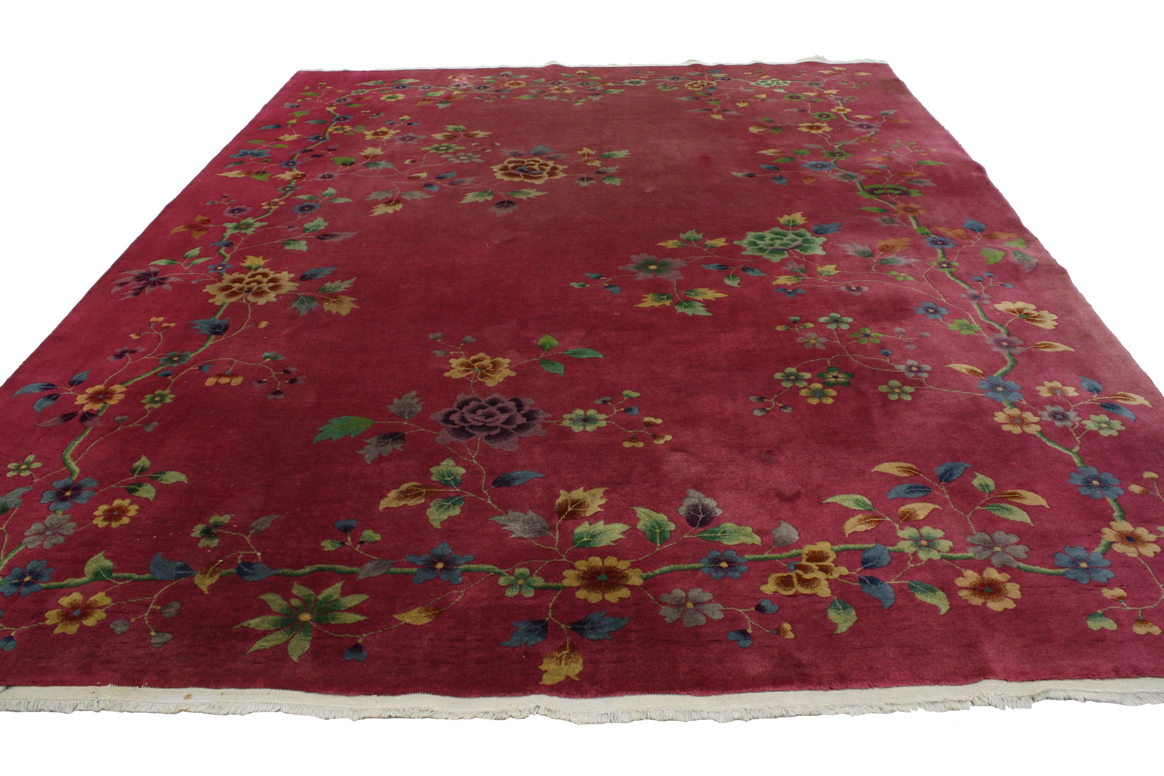 Hand-Knotted Fuchsia-Raspberry, Early 20th Century Antique Chinese Art Deco Rug
