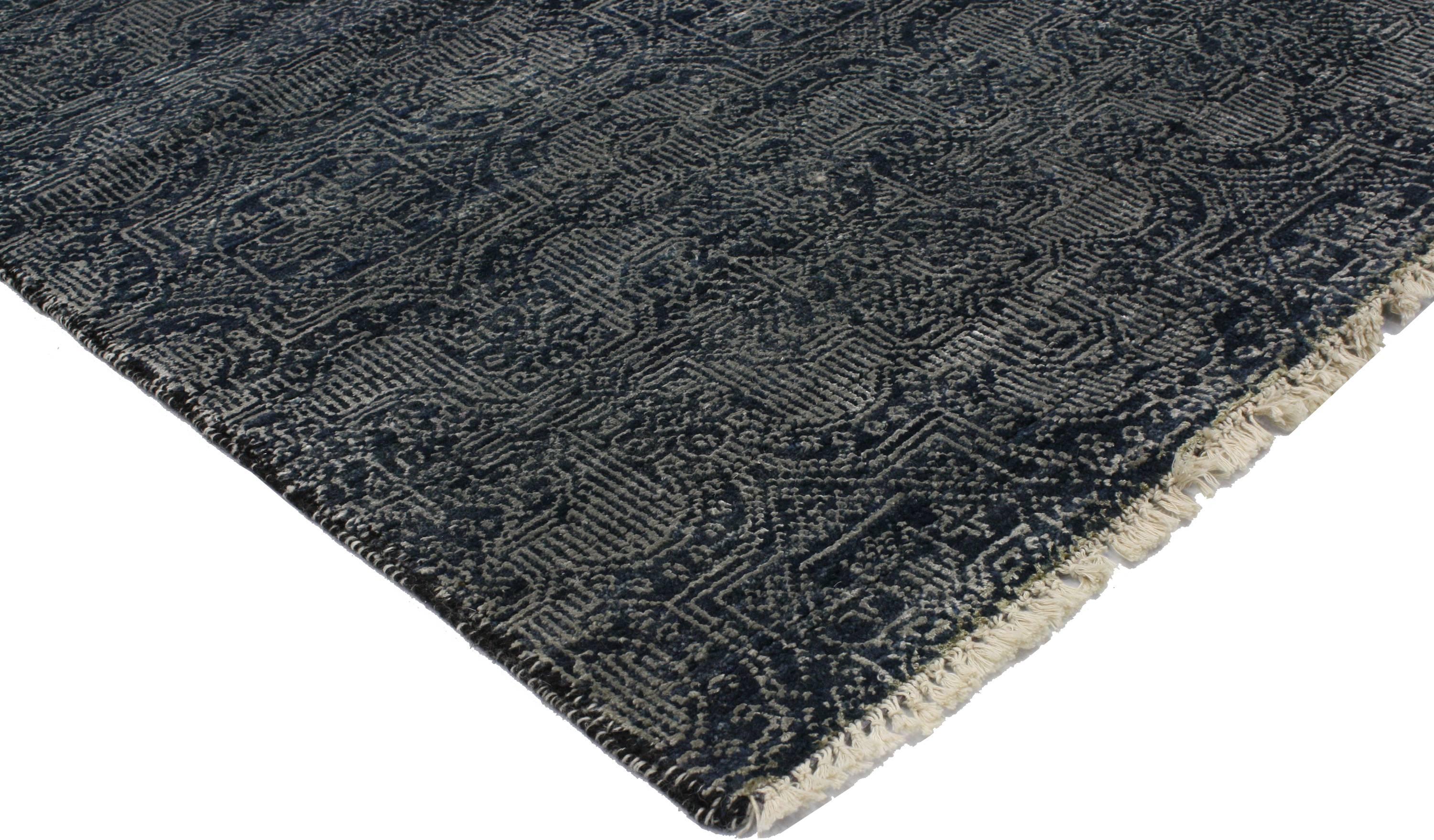 30283 New Transitional Modern Runner, Midnight Navy Blue Hallway Runner. Infuse your room with the curvaceous, exotic arabesque pattern highlighted in this transitional navy blue hallway runner. Enhanced by its mesmerizing shades of navy blue and