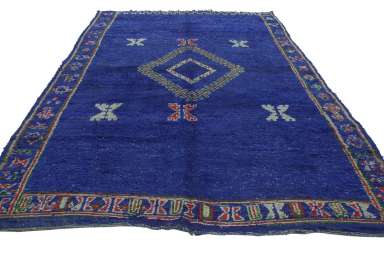 Cobalt Blue Vintage Berber Moroccan Rug with Modern Tribal Design at