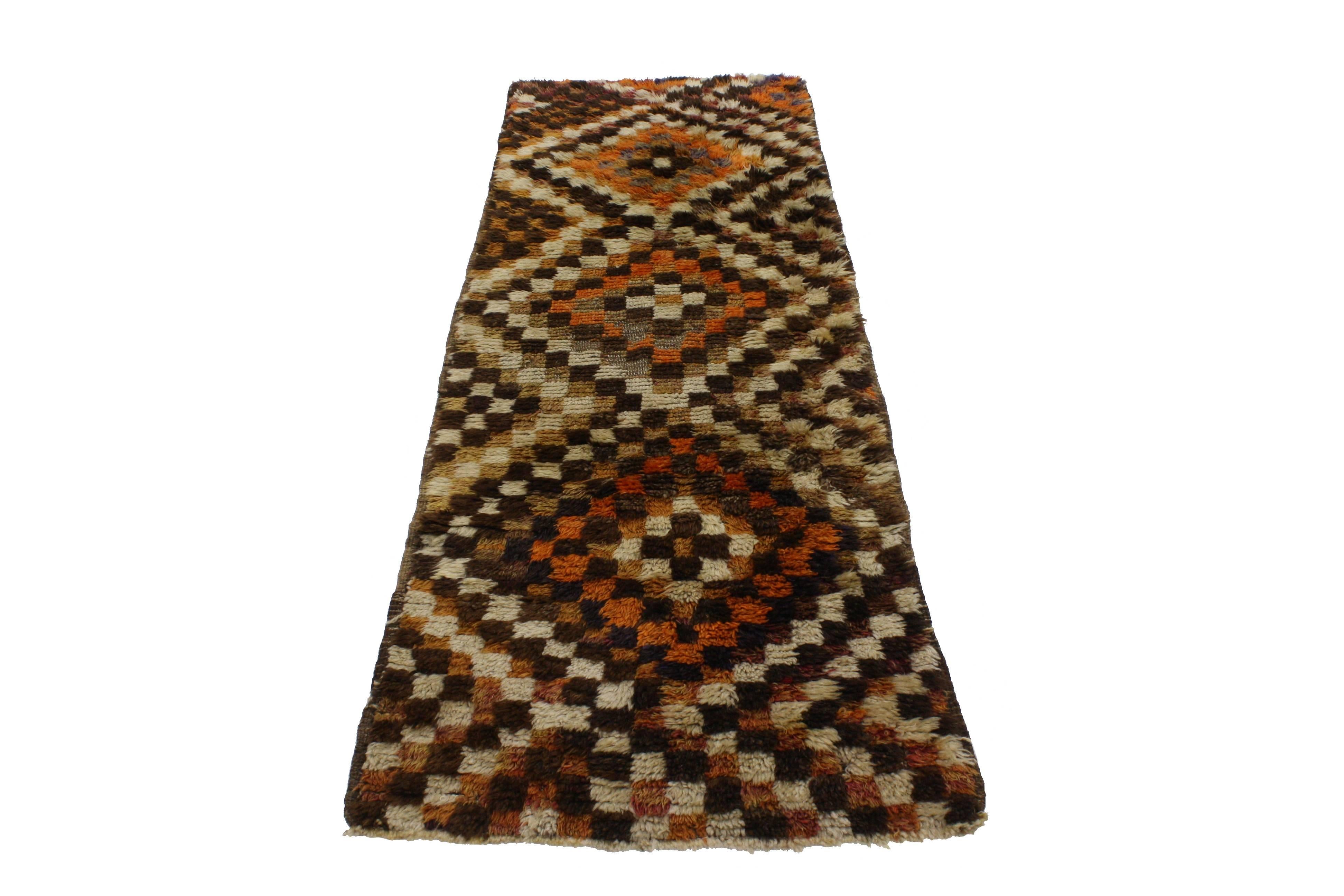 Mid-Century Modern Vintage Turkish Tulu Runner with Checker Pattern and Bauhaus Cubism Style