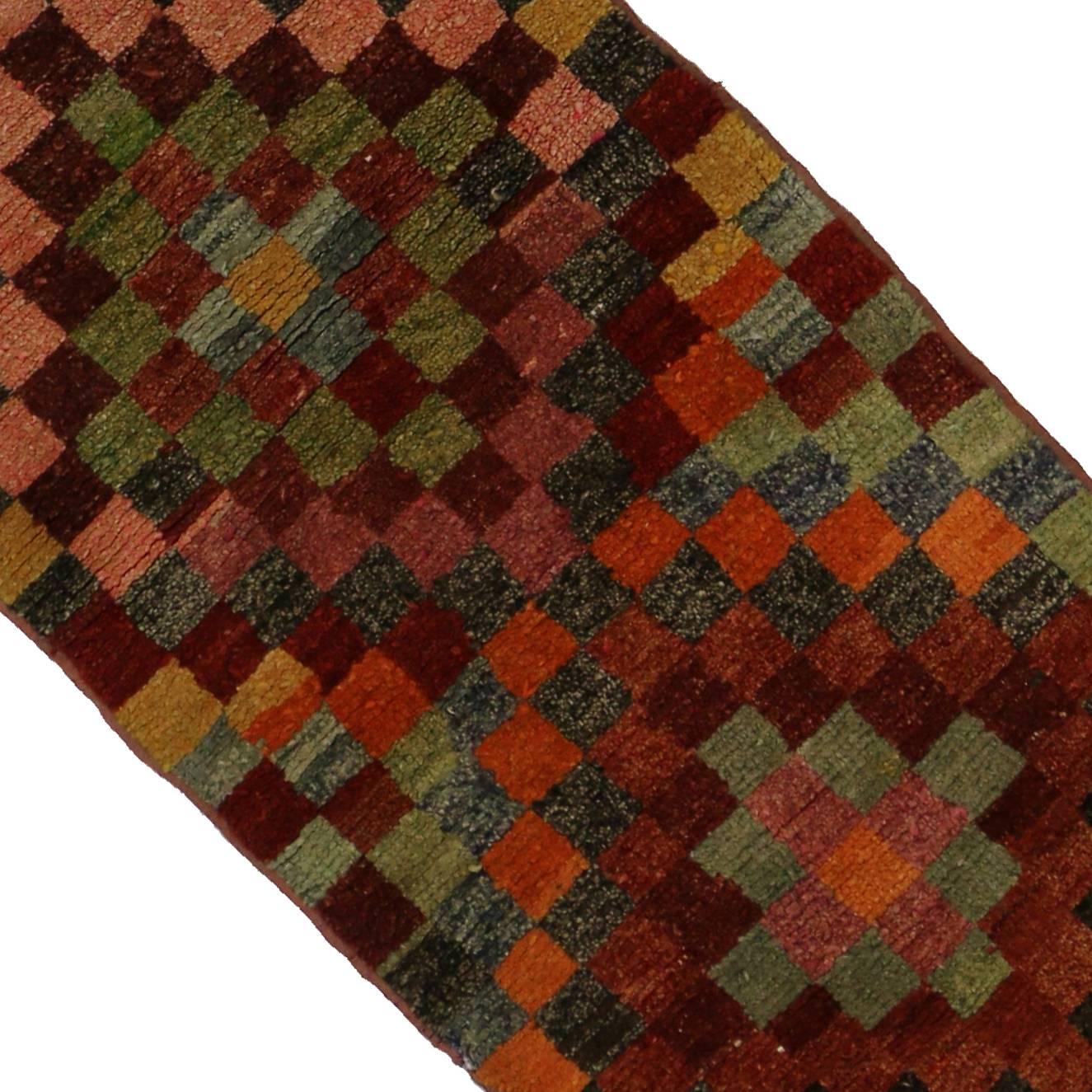 Hand-Knotted Vintage Turkish Oushak Runner with Checker Pattern and Bauhaus Cubism Style