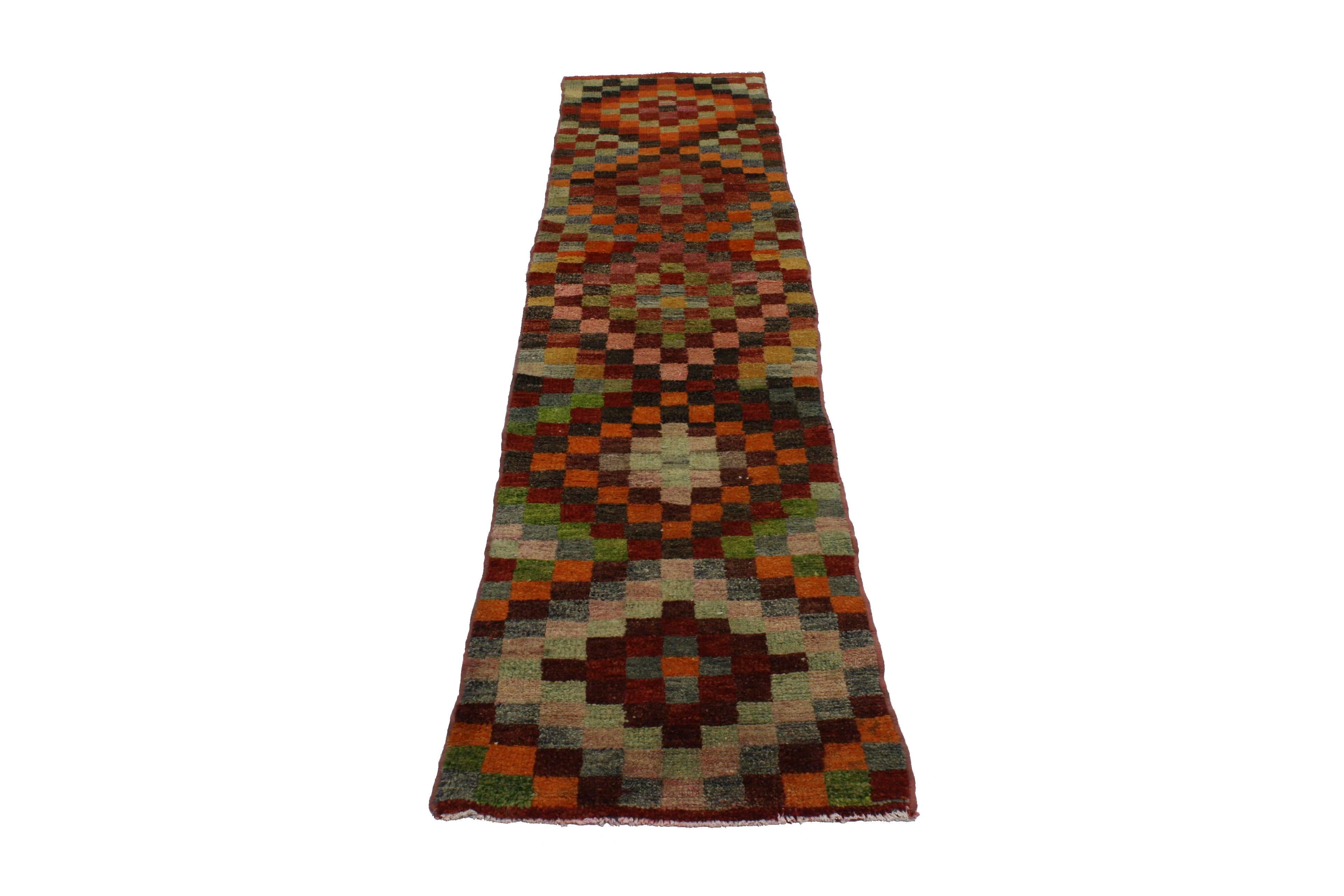 Vintage Turkish Oushak Runner with Checker Pattern and Bauhaus Cubism Style In Good Condition In Dallas, TX