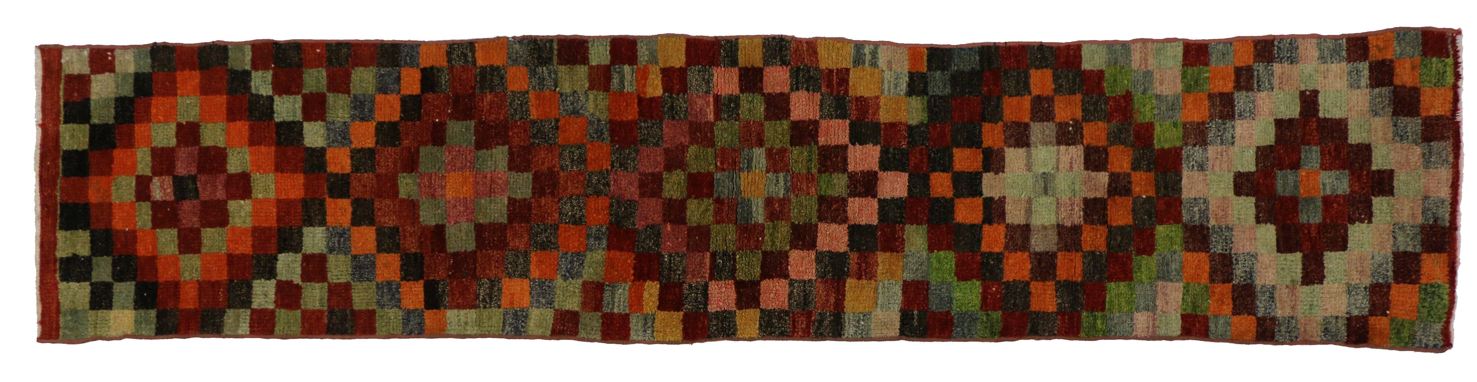 20th Century Vintage Turkish Oushak Runner with Checker Pattern and Bauhaus Cubism Style