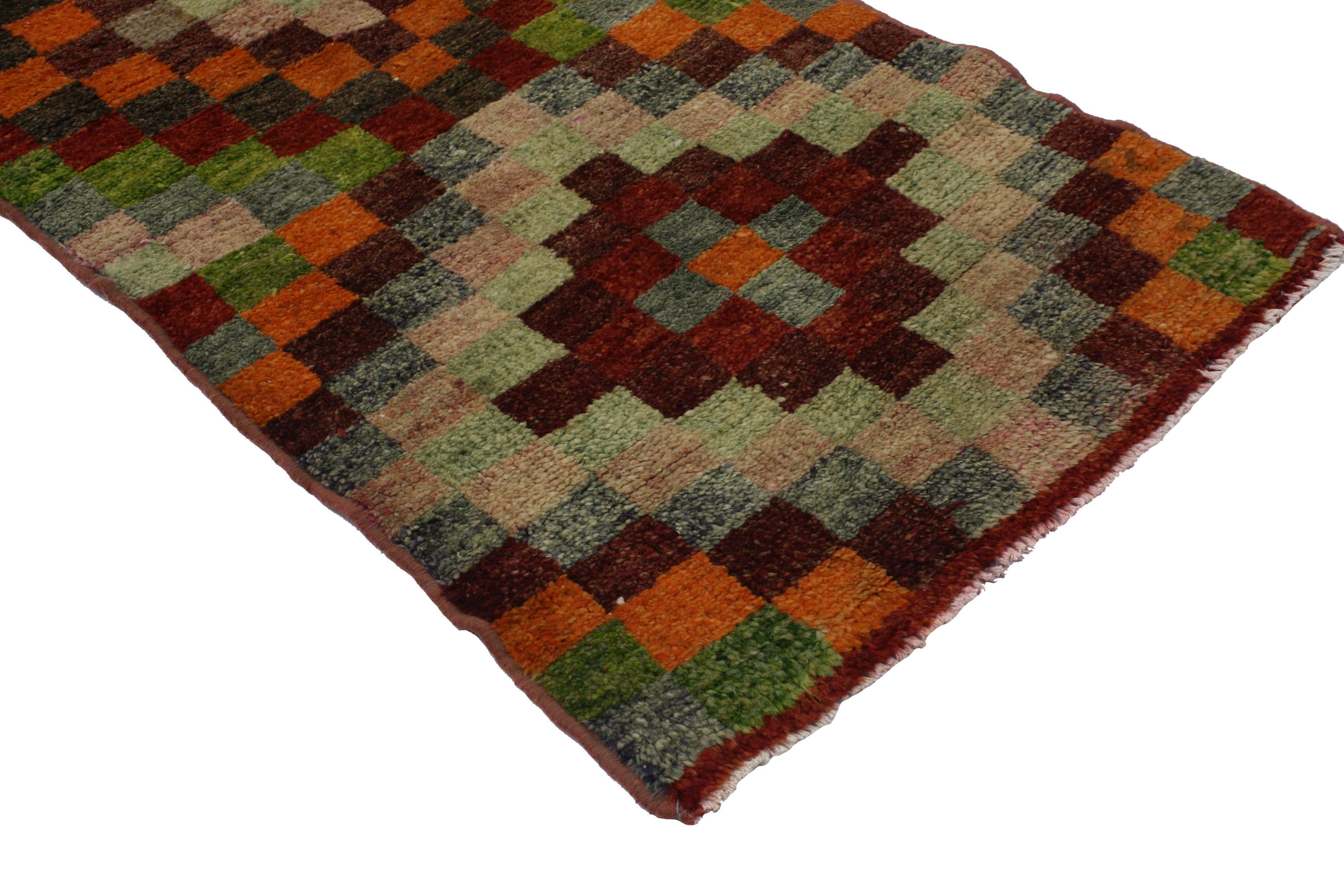 Wool Vintage Turkish Oushak Runner with Checker Pattern and Bauhaus Cubism Style