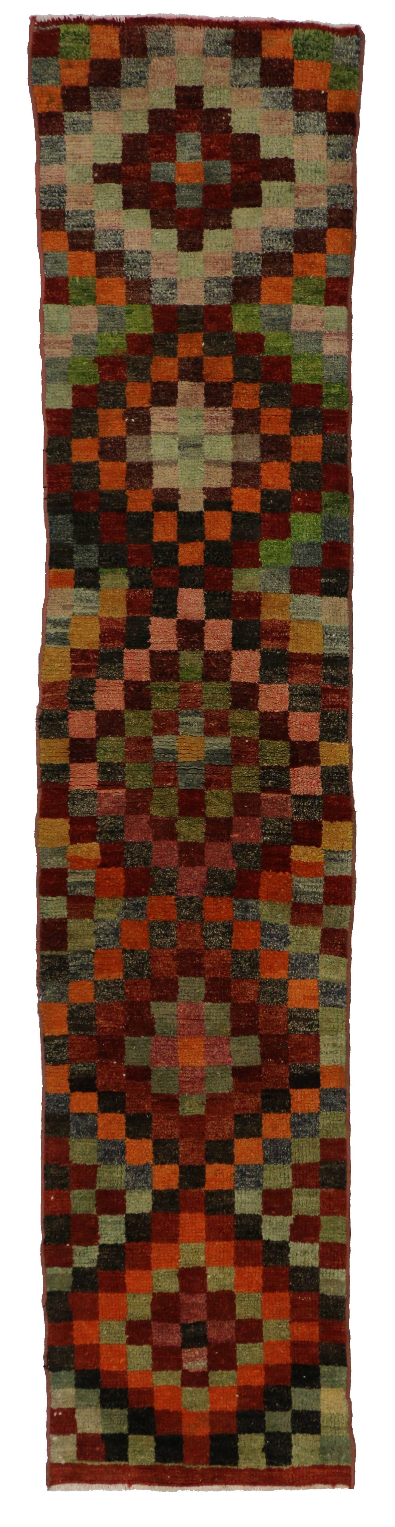 Vintage Turkish Oushak Runner with Checker Pattern and Bauhaus Cubism Style 1