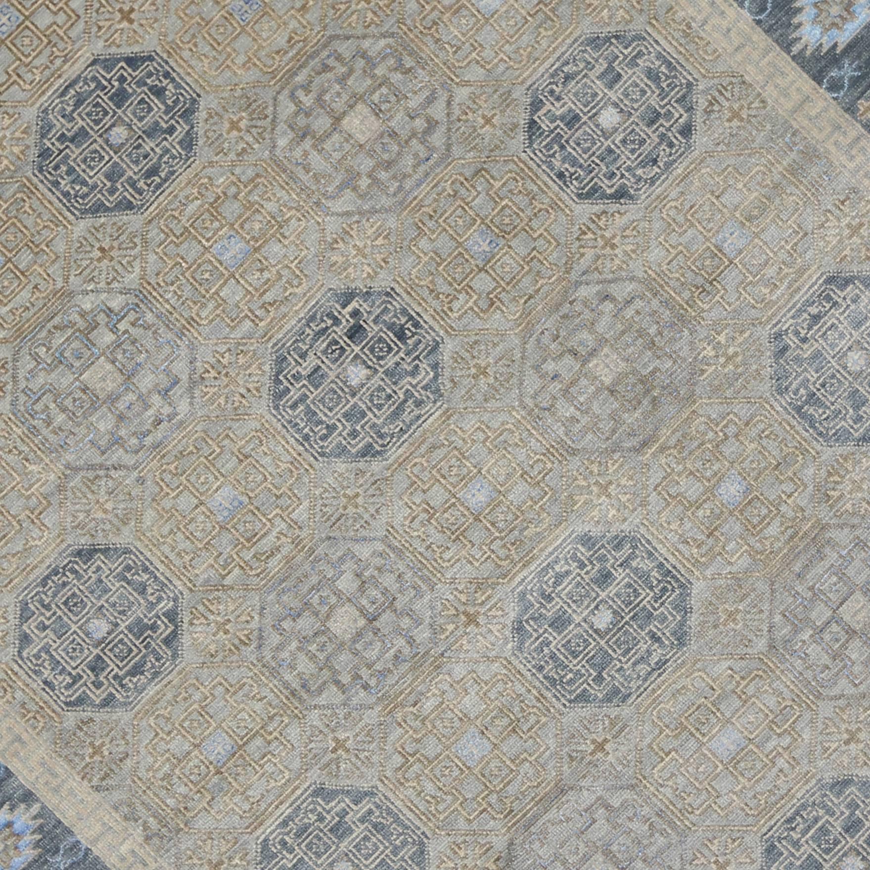 Hand-Knotted New Transitional Khotan Design Geometric Area Rug