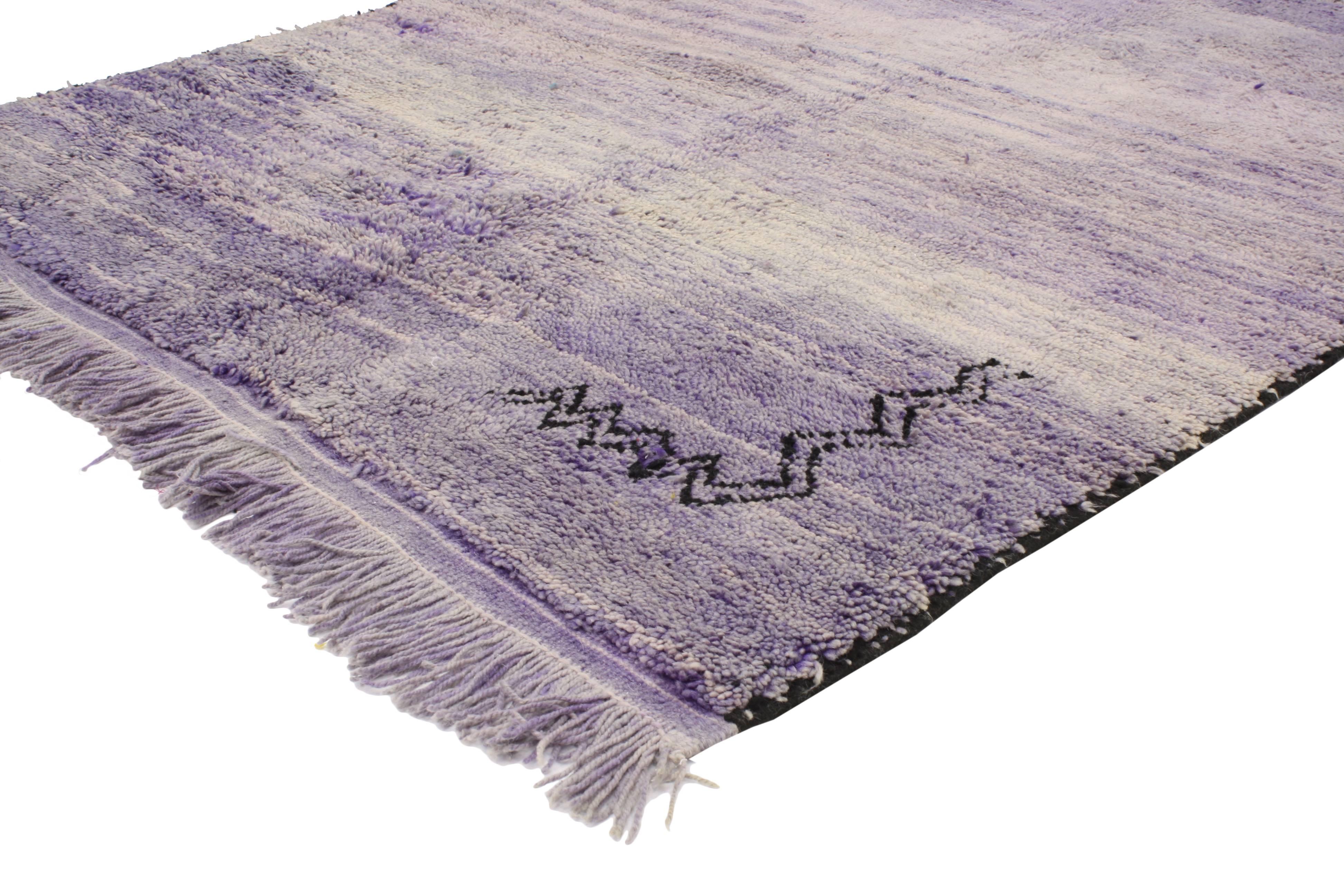 20459 Vintage Moroccan Rug with Post-Modern Bohemian Style. Side with pattern and texture in a modern space for a look that commits to casual elegance and comfort with this vintage Moroccan rug. With striated hues of purple and rich waves of abrash