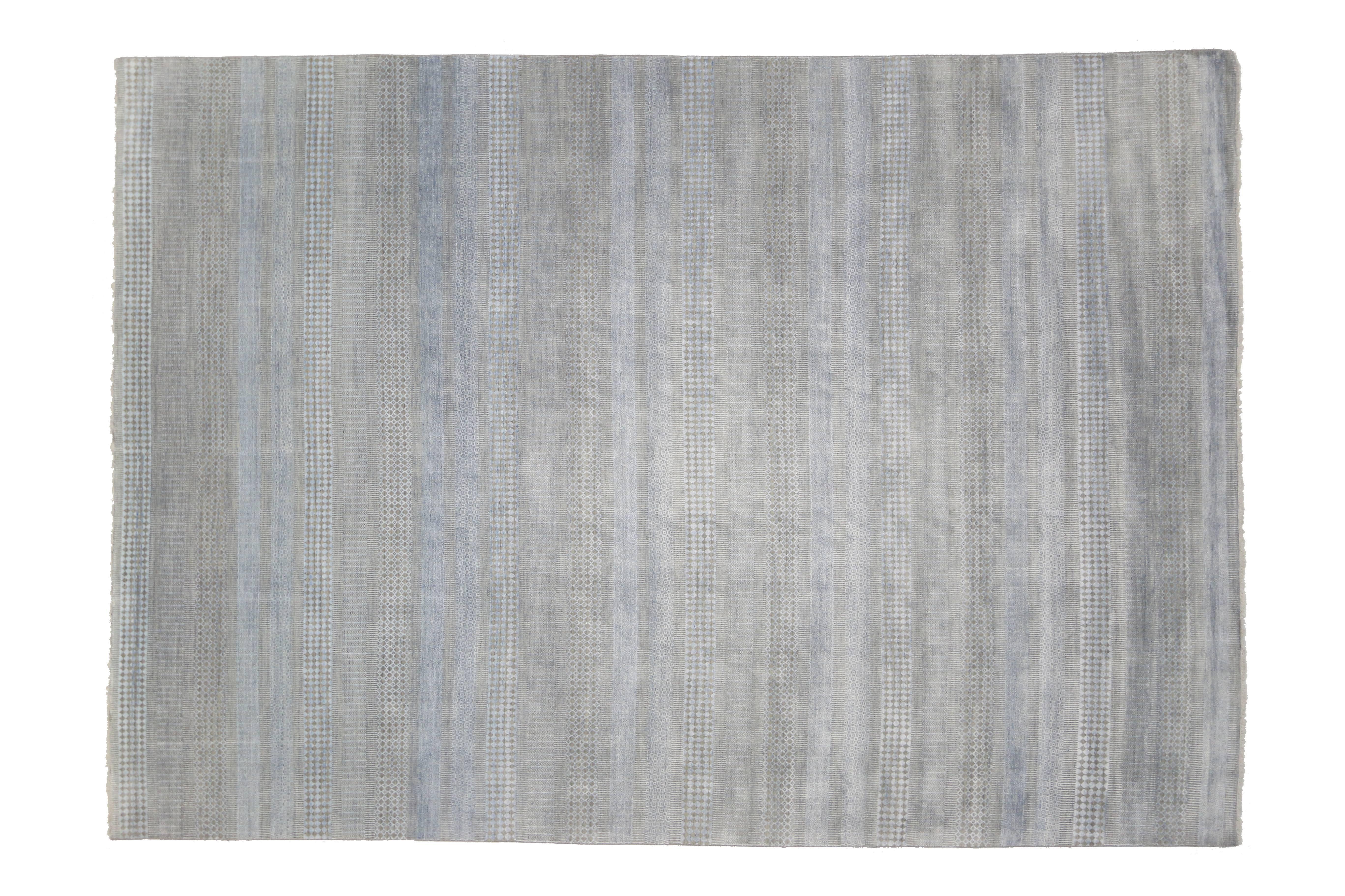 Hand-Knotted New Modern Transitional Grasscloth Area Rug, Light Gray and Light Blue Area Rug