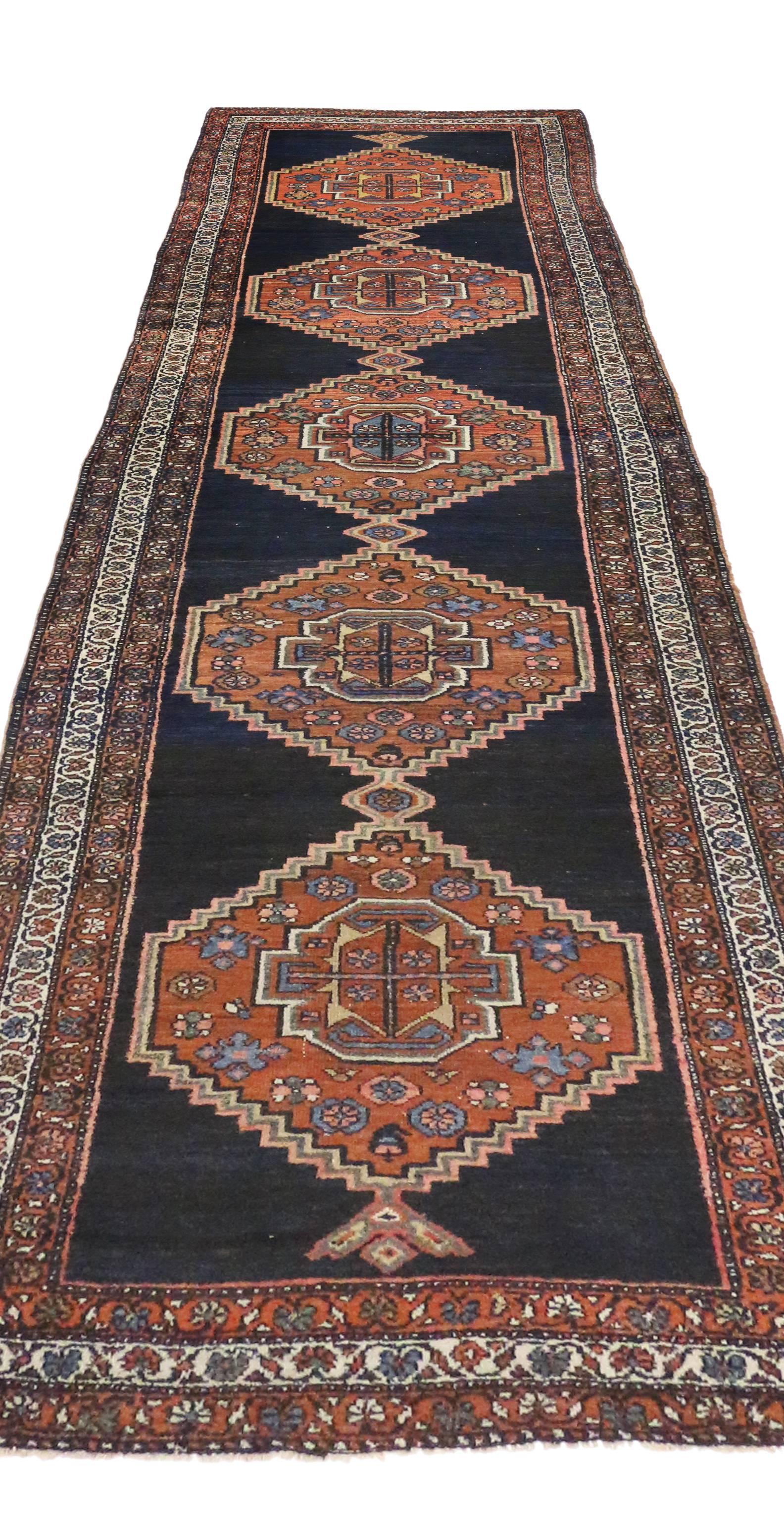 Hand-Knotted Antique Hamadan Persian Runner with Modern Tribal Style For Sale