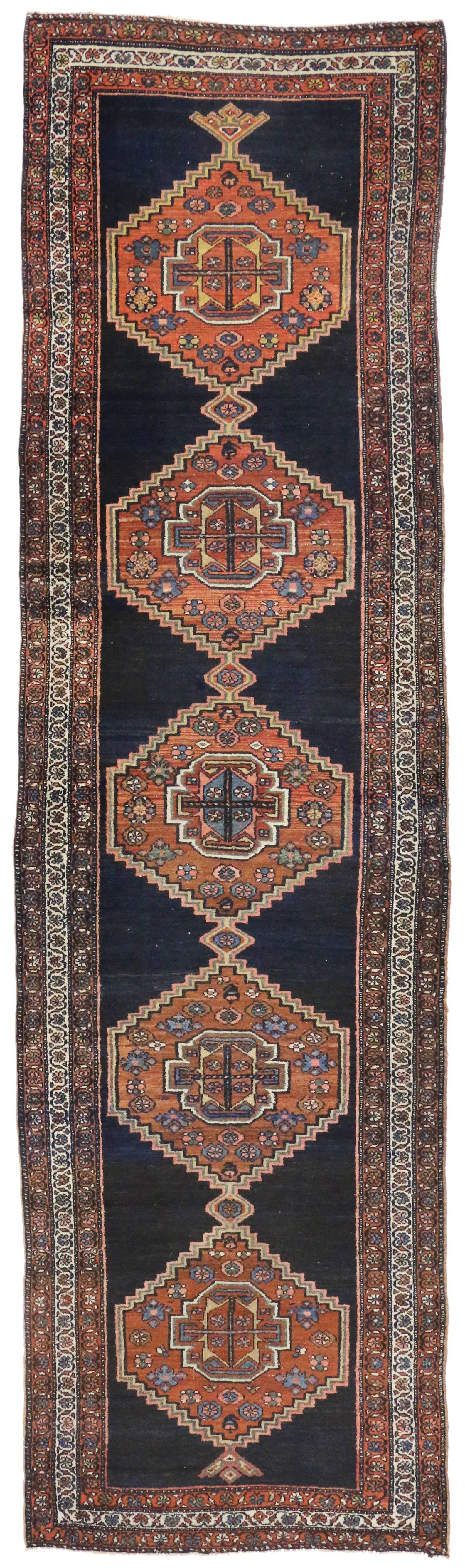 Wool Antique Hamadan Persian Runner with Modern Tribal Style For Sale