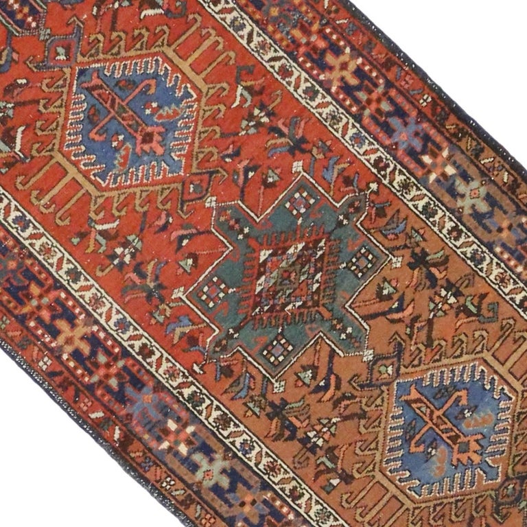 Hand-Knotted Antique Heriz Persian Runner with Modern Tribal Style For Sale