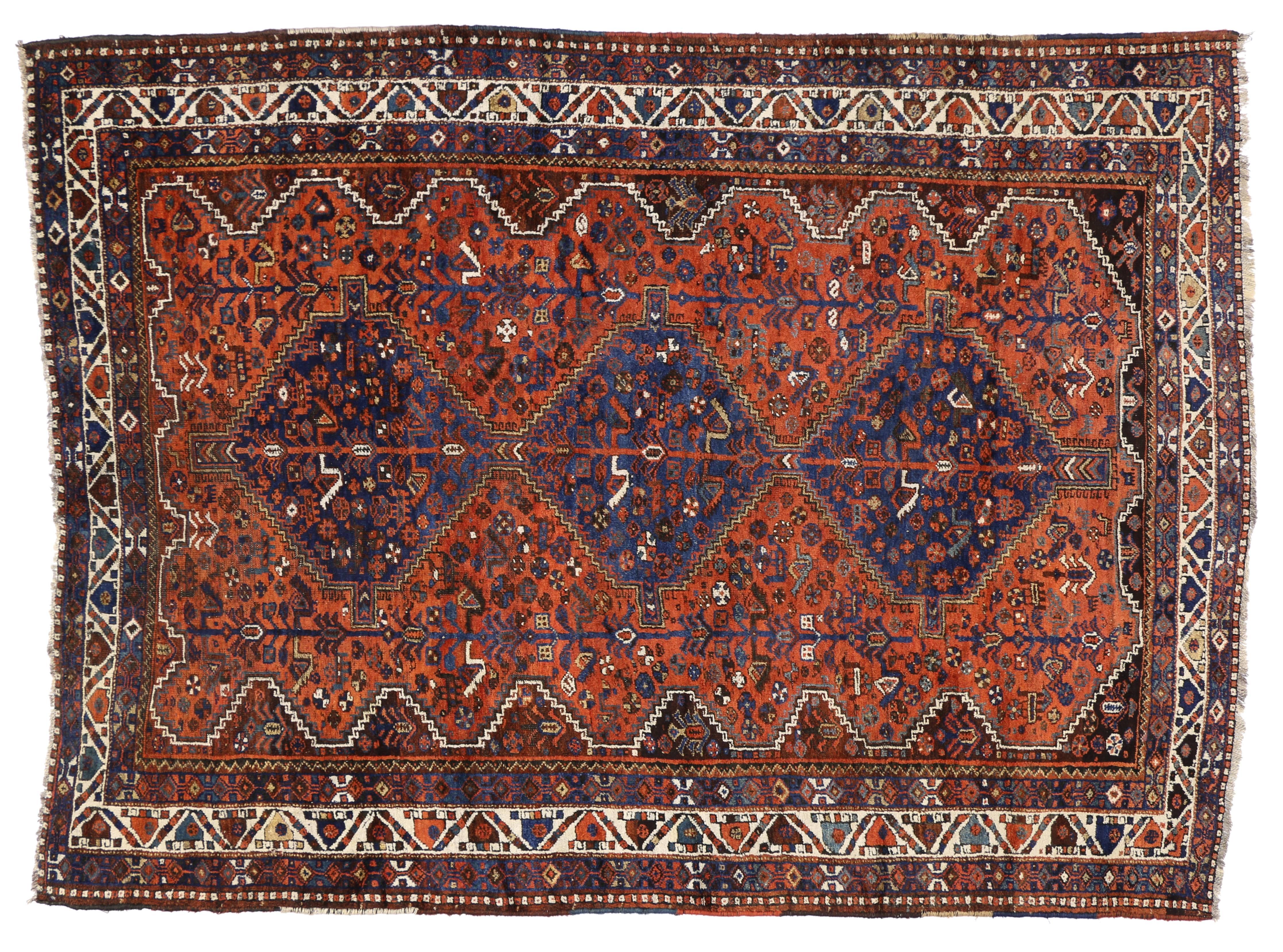 Antique Shiraz Persian Rug with Mid-Century Modern Tribal Style For Sale 3