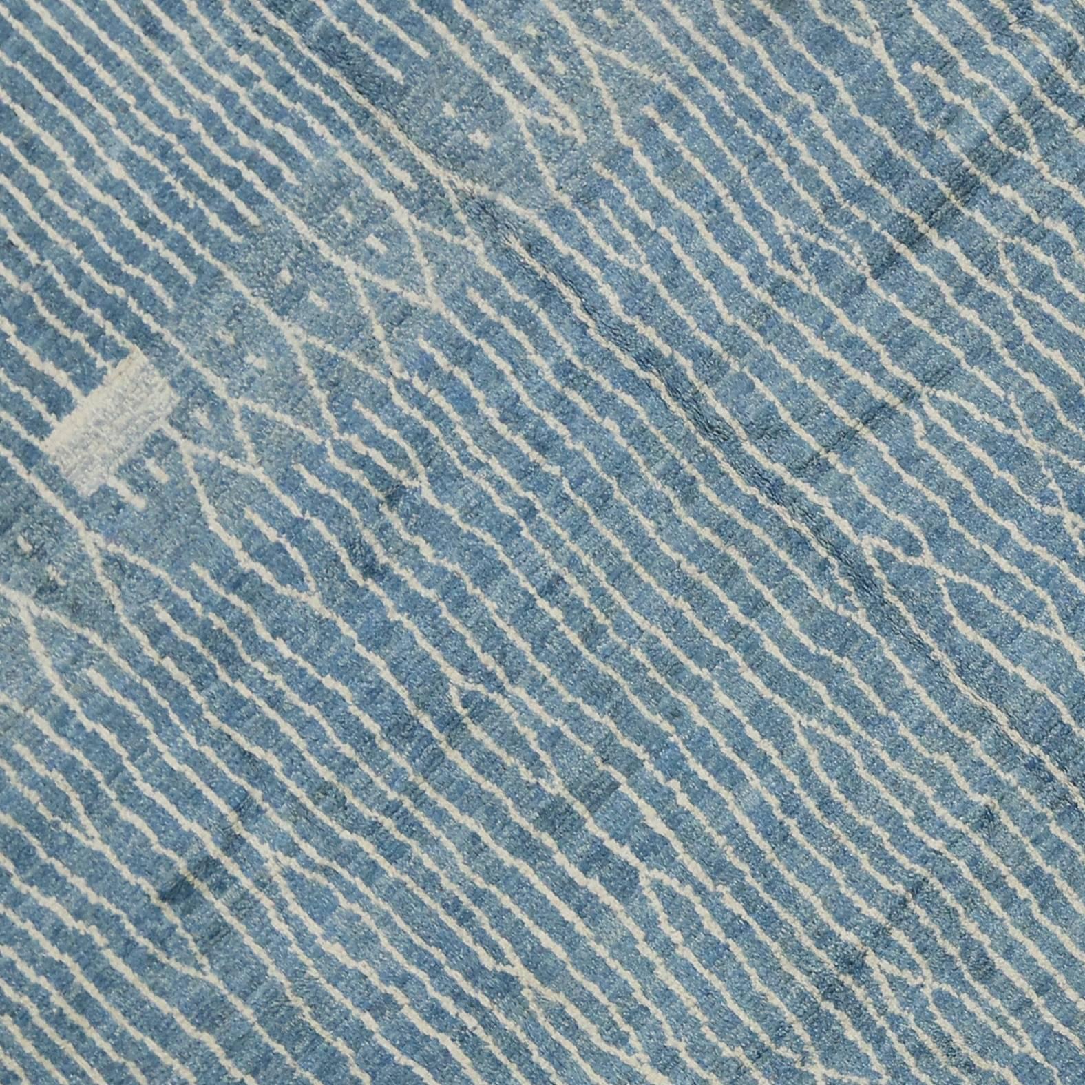 Asian Light Blue and Greige Contemporary Moroccan Style Rug with Abstract Design