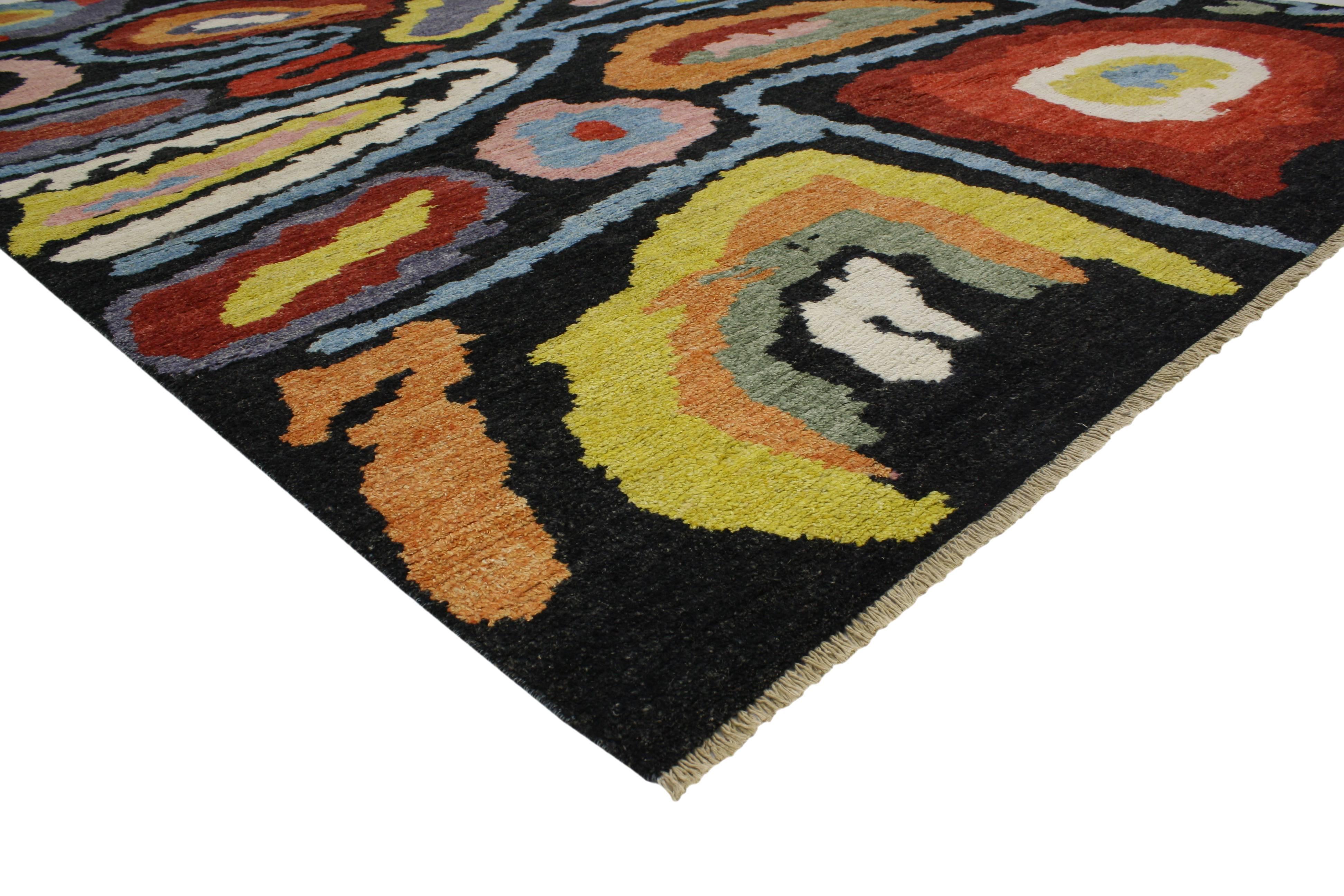 80371 New Colorful Contemporary Moroccan Rug with Postmodern Memphis Orphism Style. This hand knotted wool contemporary Moroccan area rug with Postmodern style showcases an all-over adventurous geometric pattern composed of ambiguous organic shapes