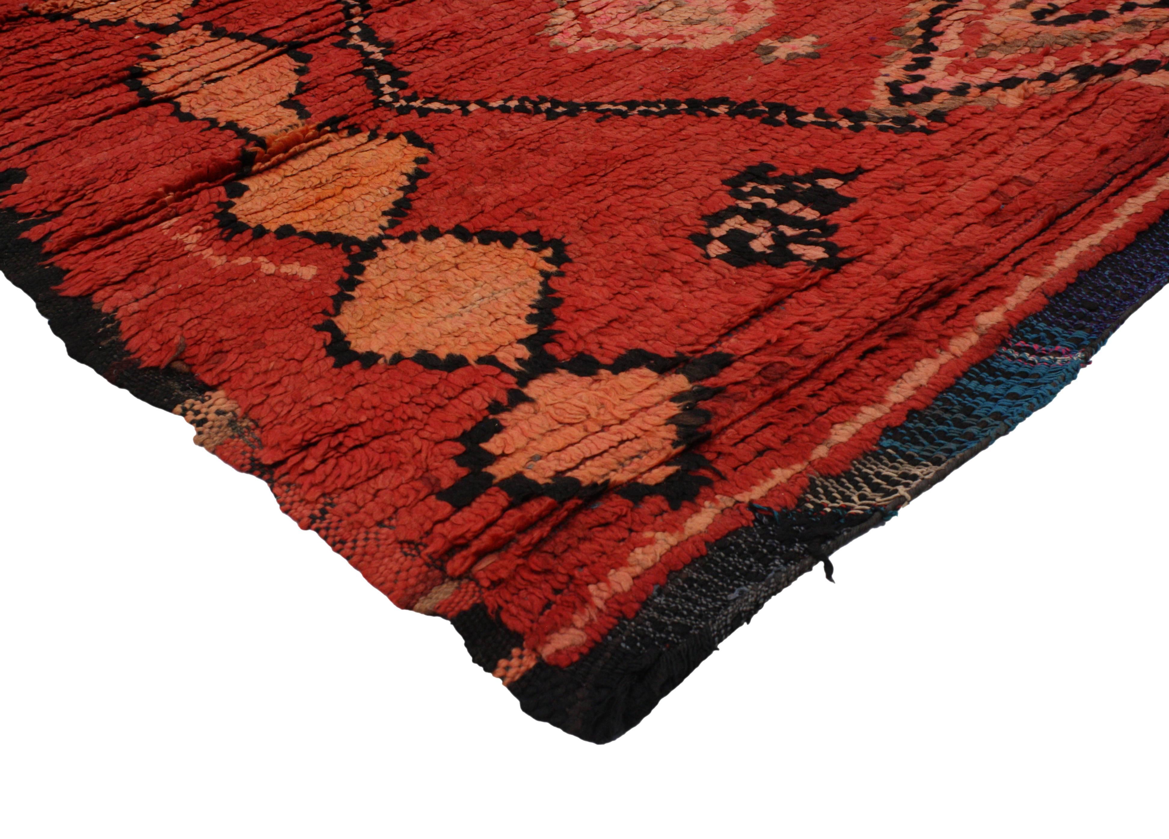 20167 Vintage Berber Moroccan Talsint Rug with Tribal Abstract Expressionist Style. With the bold red color and geometric tribal pattern, this hand-knotted wool vintage Berber Moroccan rug  beautifully embodies Abstract Expressionist style. This