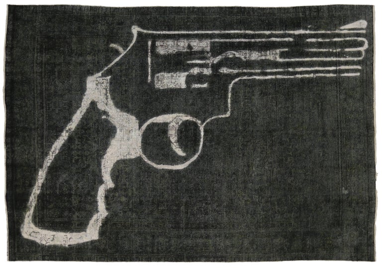 Distressed and Overdyed Charcoal Persian Rug with Revolver Gun Design