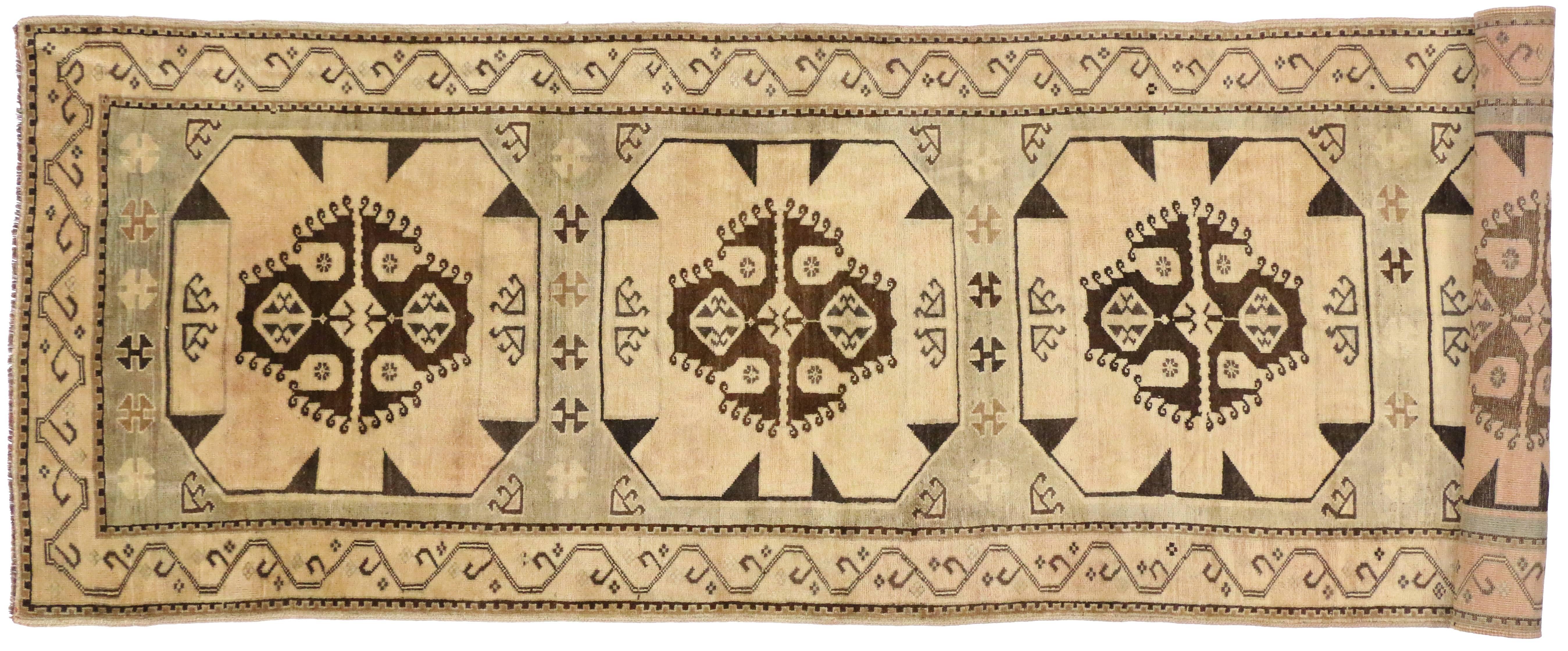 Hand-Knotted Pair of Vintage Turkish Oushak Carpet Runners with Modern Style and Muted Colors