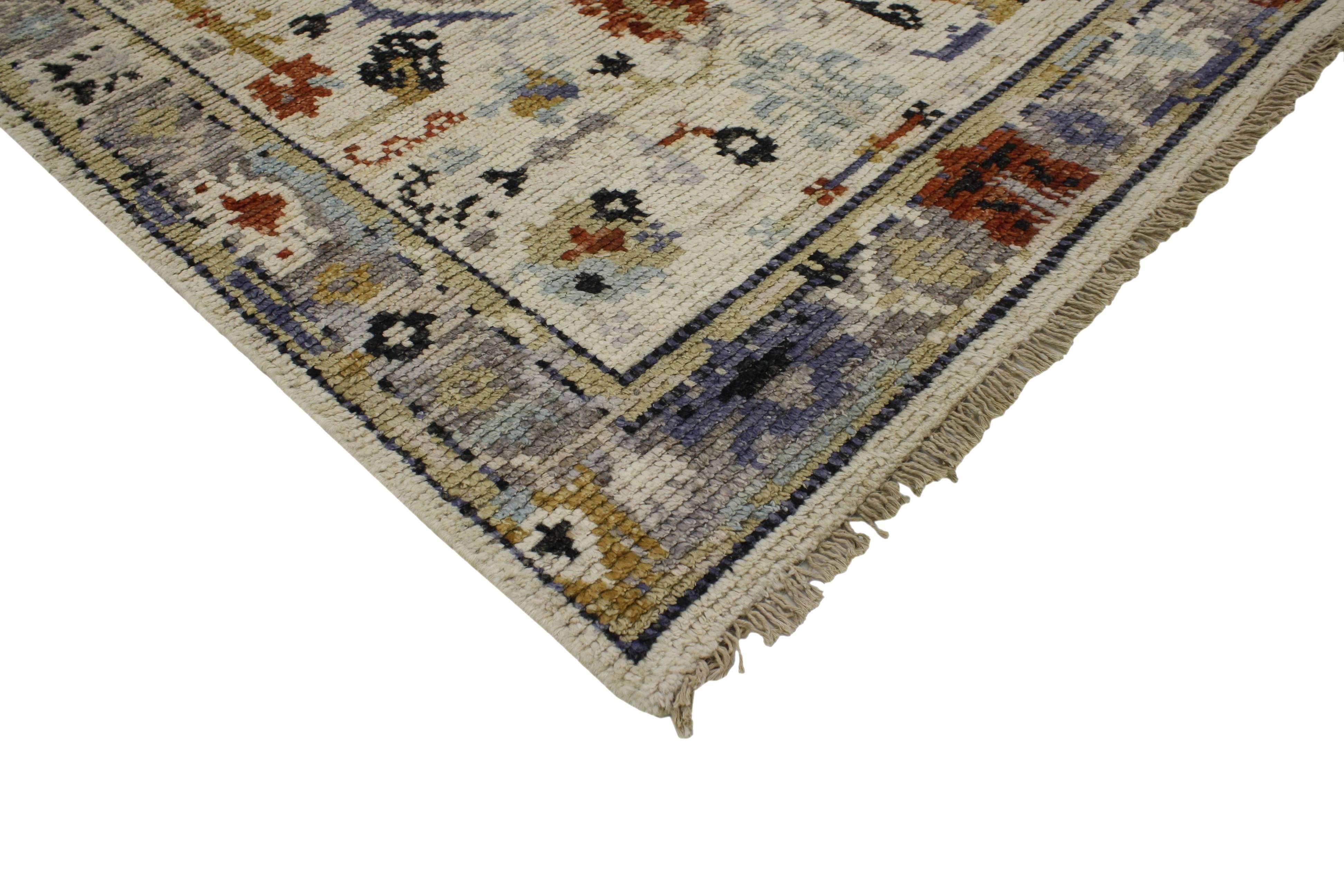 80387 Contemporary Transitional Oushak Accent Rug with Federal Style. Blending a Federal style and elements from the modern world, this hand knotted wool contemporary transitional Oushak accent rug beautifully balances new and old. It features an