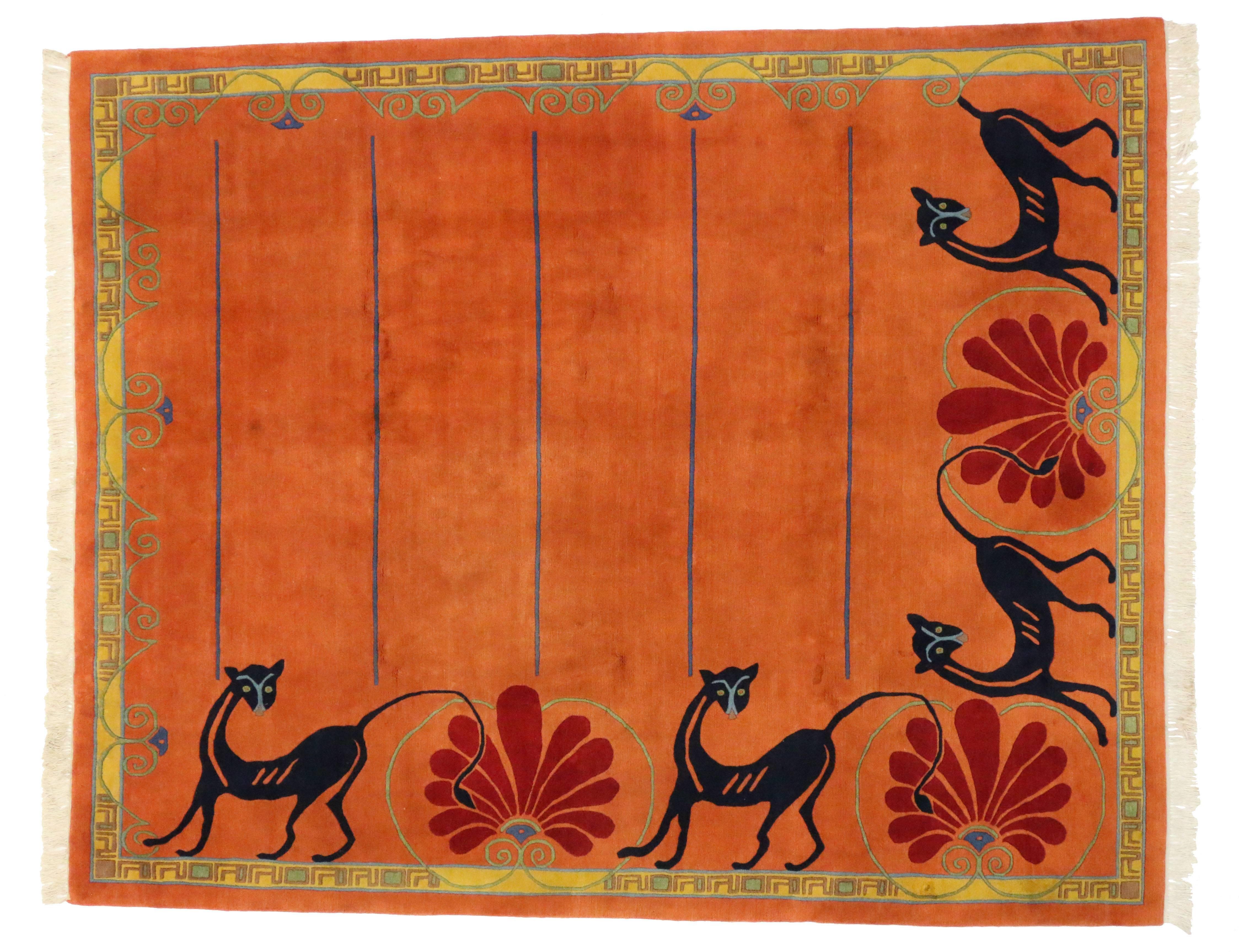 20th Century Vintage Tibetan Rug in Orange with Black Cats, Contemporary Rug from Tibet