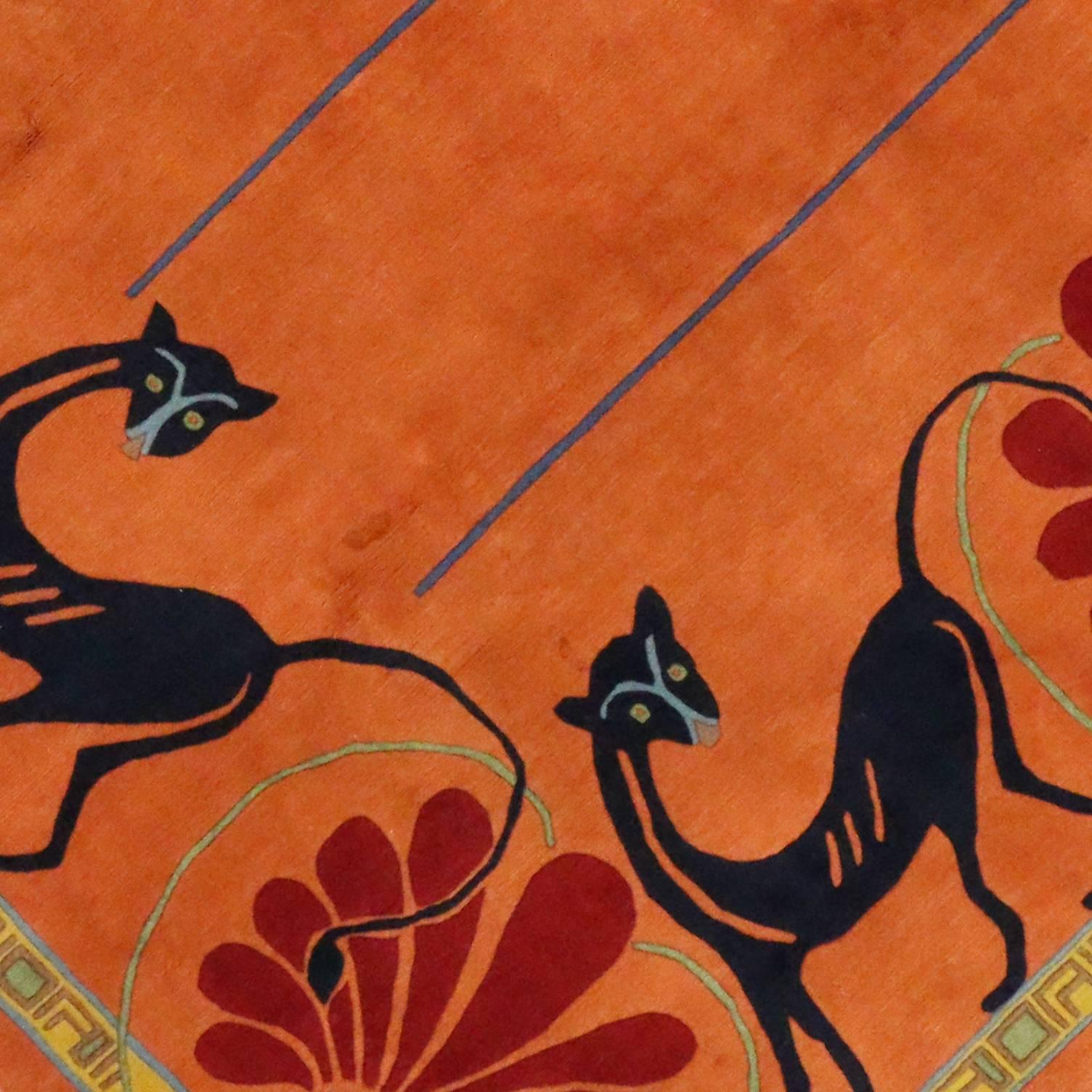 Hand-Knotted Vintage Tibetan Rug in Orange with Black Cats, Contemporary Rug from Tibet