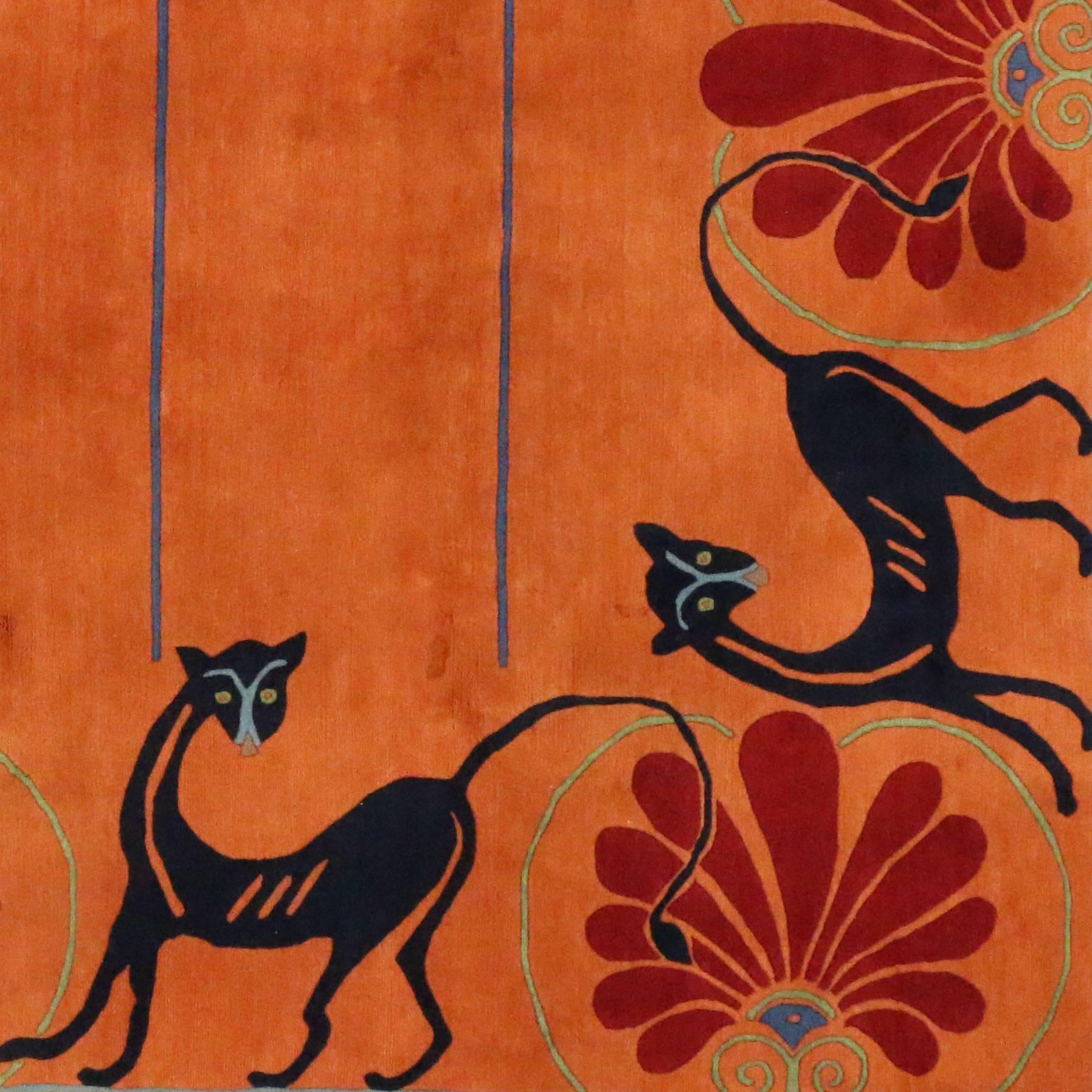 Vintage Tibetan Rug in Orange with Black Cats, Contemporary Rug from Tibet In Excellent Condition In Dallas, TX