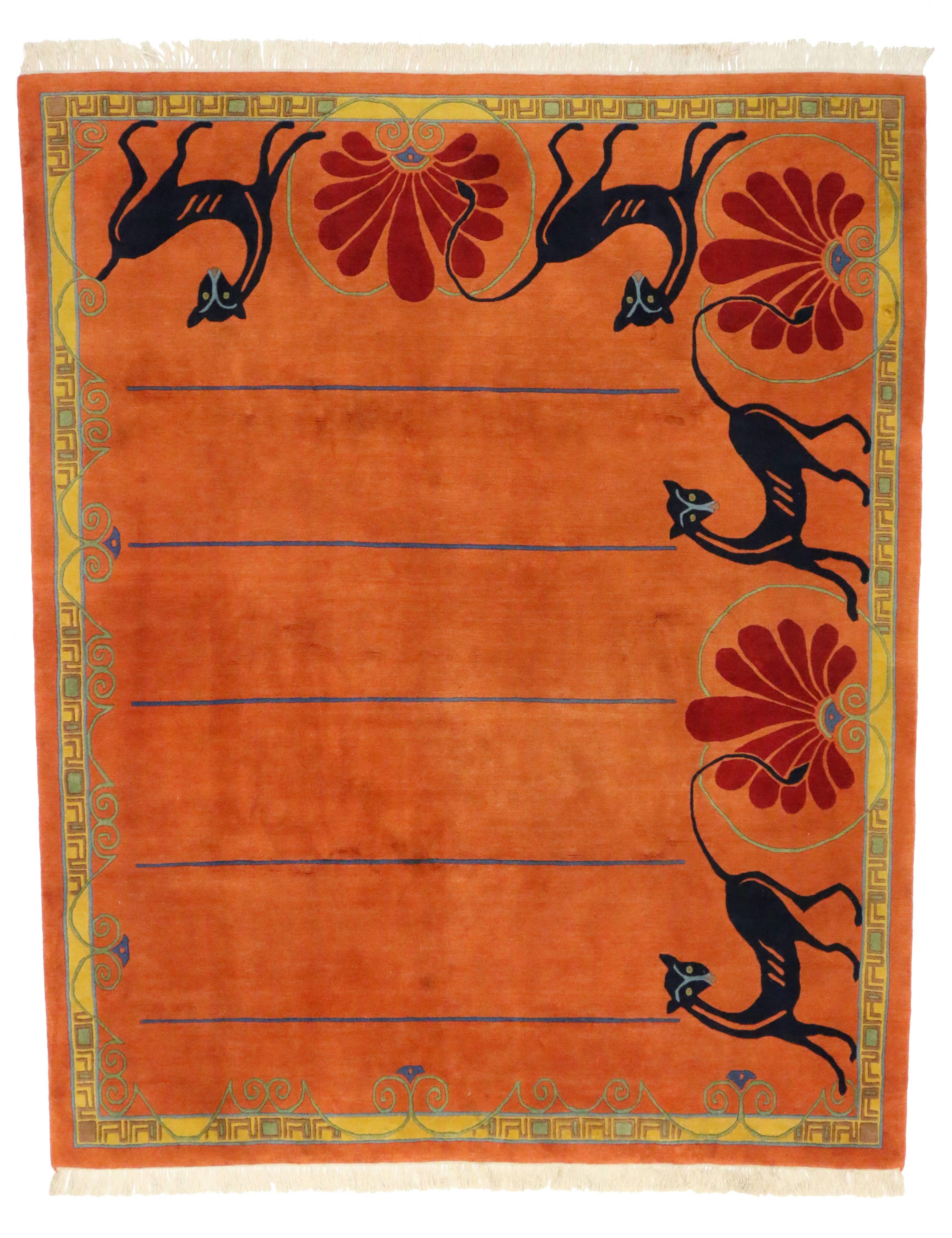 Wool Vintage Tibetan Rug in Orange with Black Cats, Contemporary Rug from Tibet