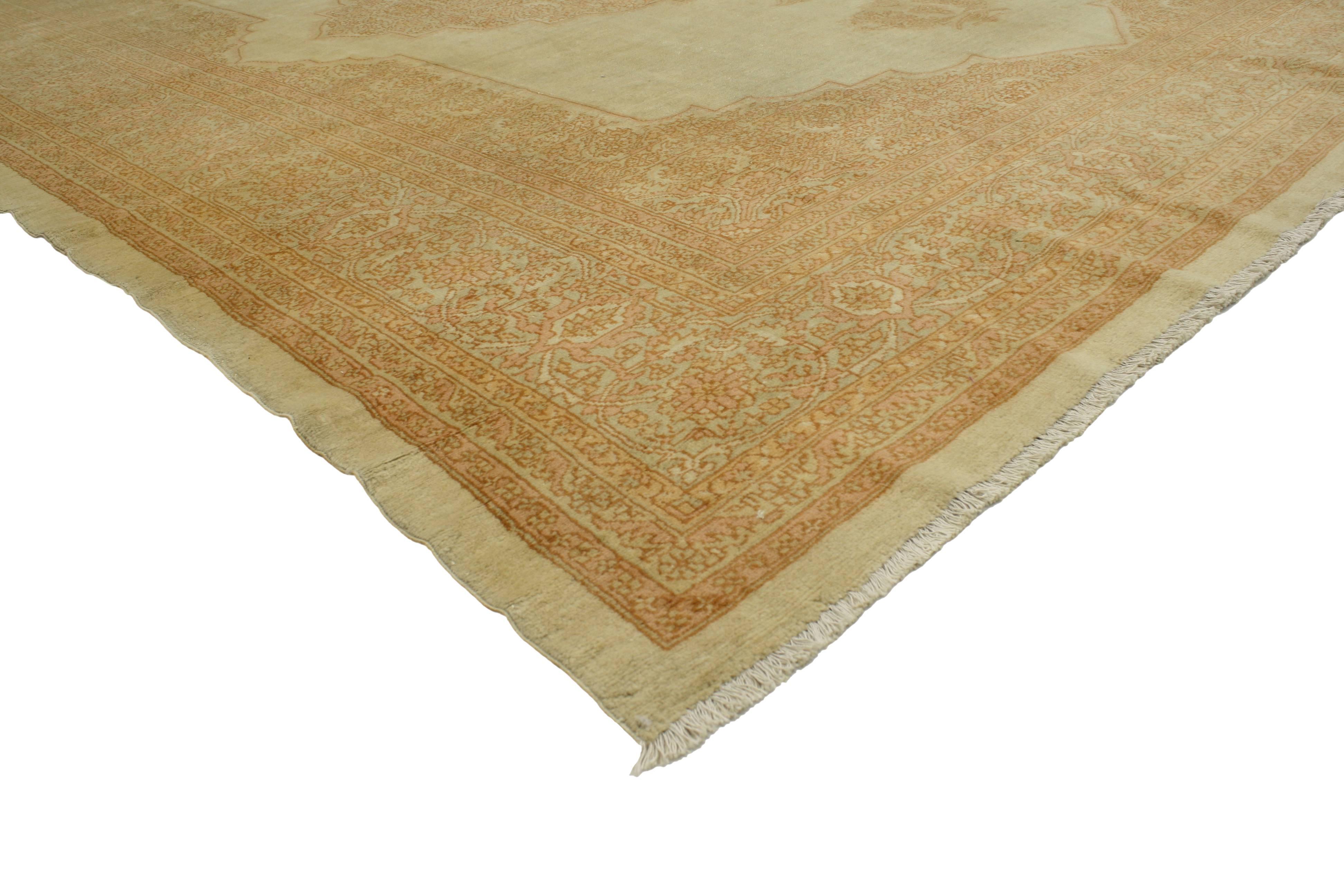 76885 Antique Turkish Oushak Palace Rug with English Country Cottage Style 11'03 x 14'05. Balancing a timeless botanical design with a romantic rustic sensibility, this hand knotted wool antique Turkish Oushak palace rug beautifully embodies English