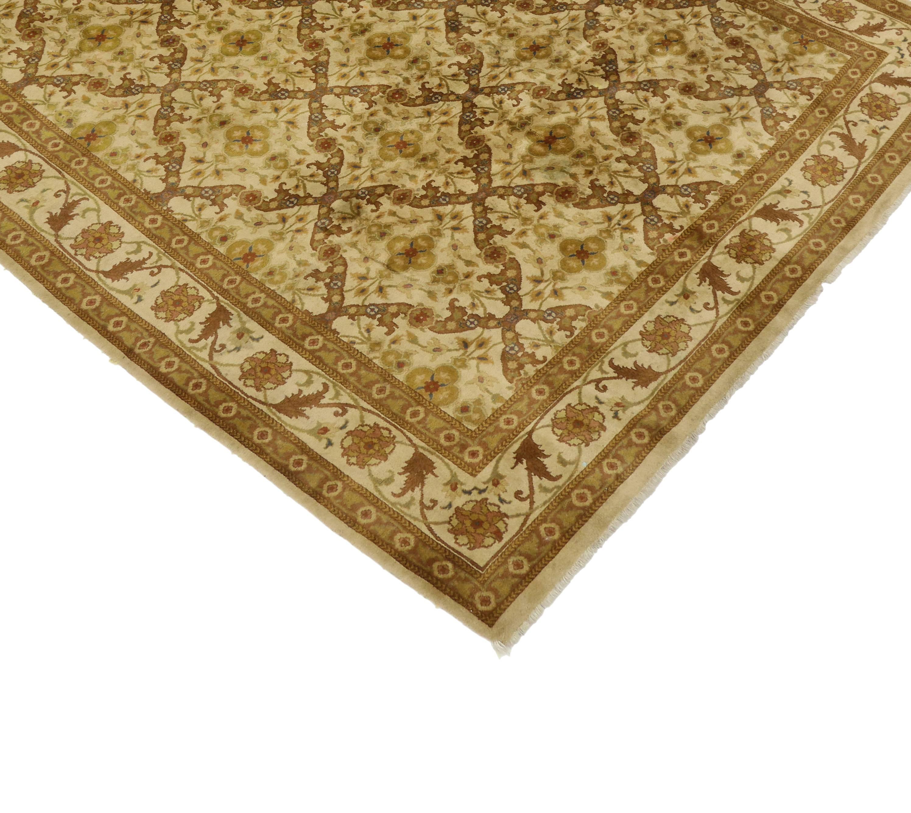 76900 Vintage Indian Rug with Transitional Style and Golden Hues and Modern Style. Balance golden hues and an elegantly cusped lozenge pattern in this vintage Indian rug with transitional style. It blends traditional with modern and the end result