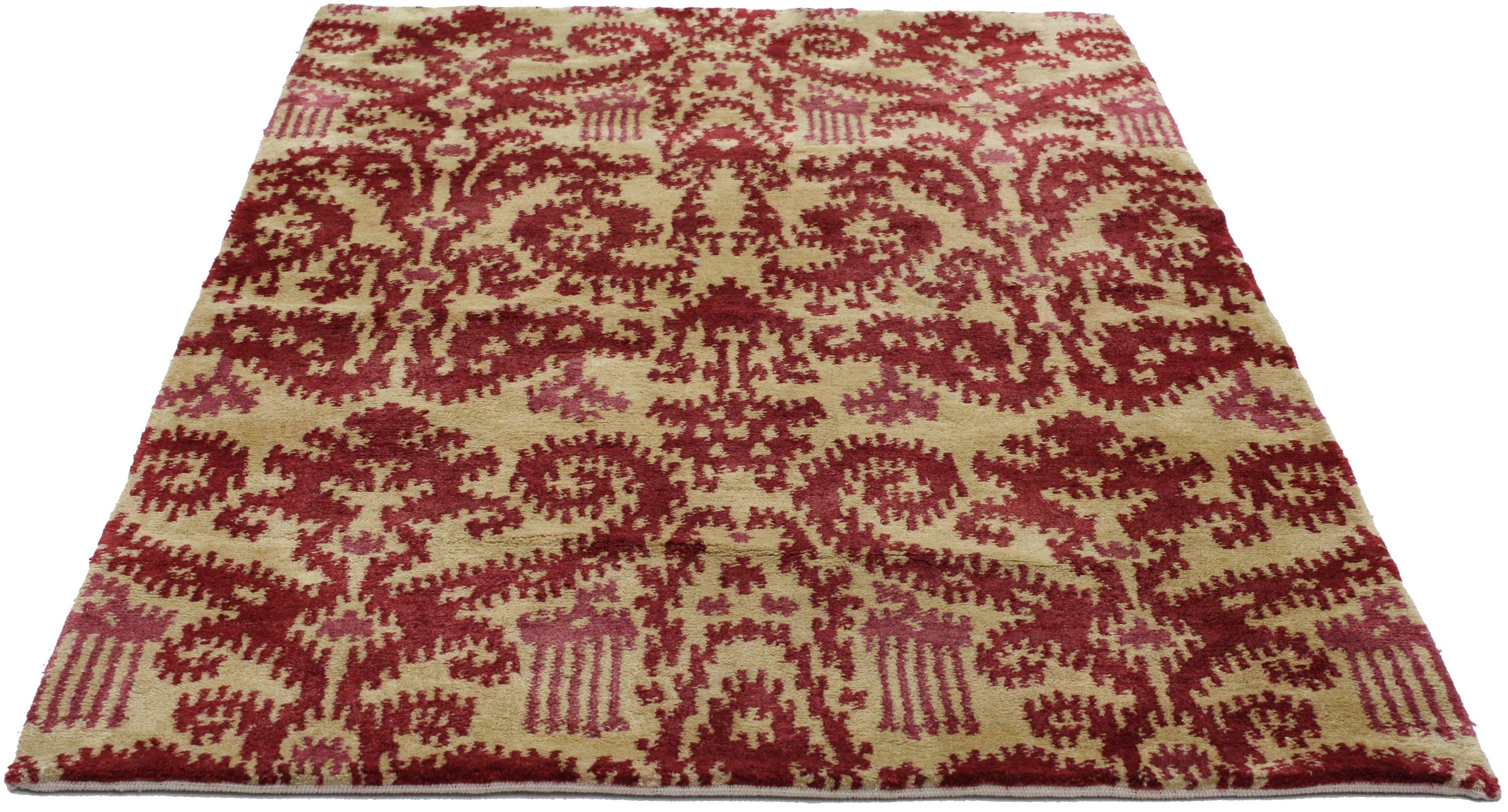 Indian New Contemporary Red Ikat Rug with Modern Style, Accent Rug For Sale