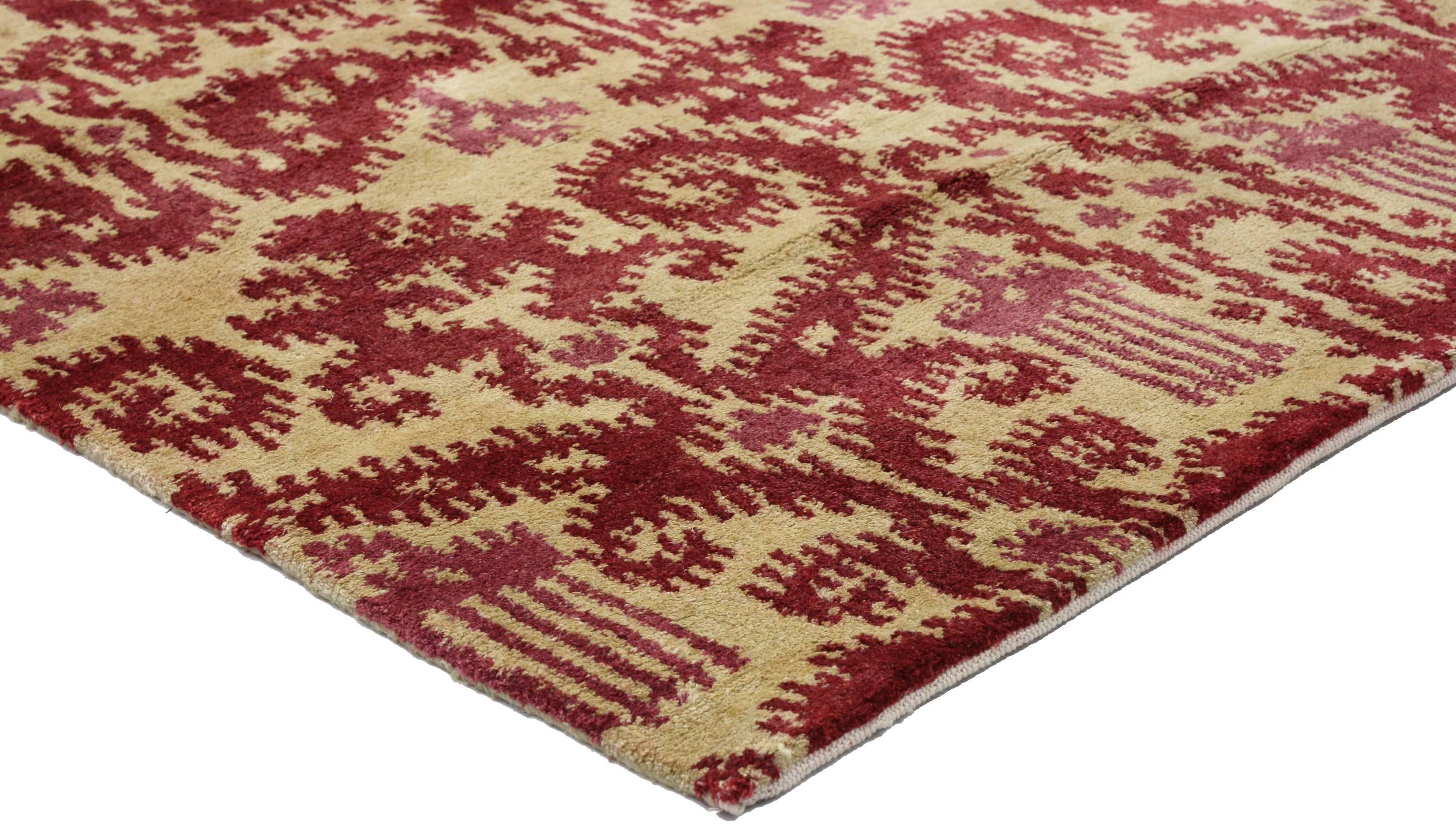 ​​30240 New Contemporary Red Ikat Rug with Modern Style, Accent Rug 03'01 x 04'11. Balancing a timeless design and contrasting colors, this hand-knotted wool contemporary Ikat rug beautifully displays modern style. The tan abrashed field is covered