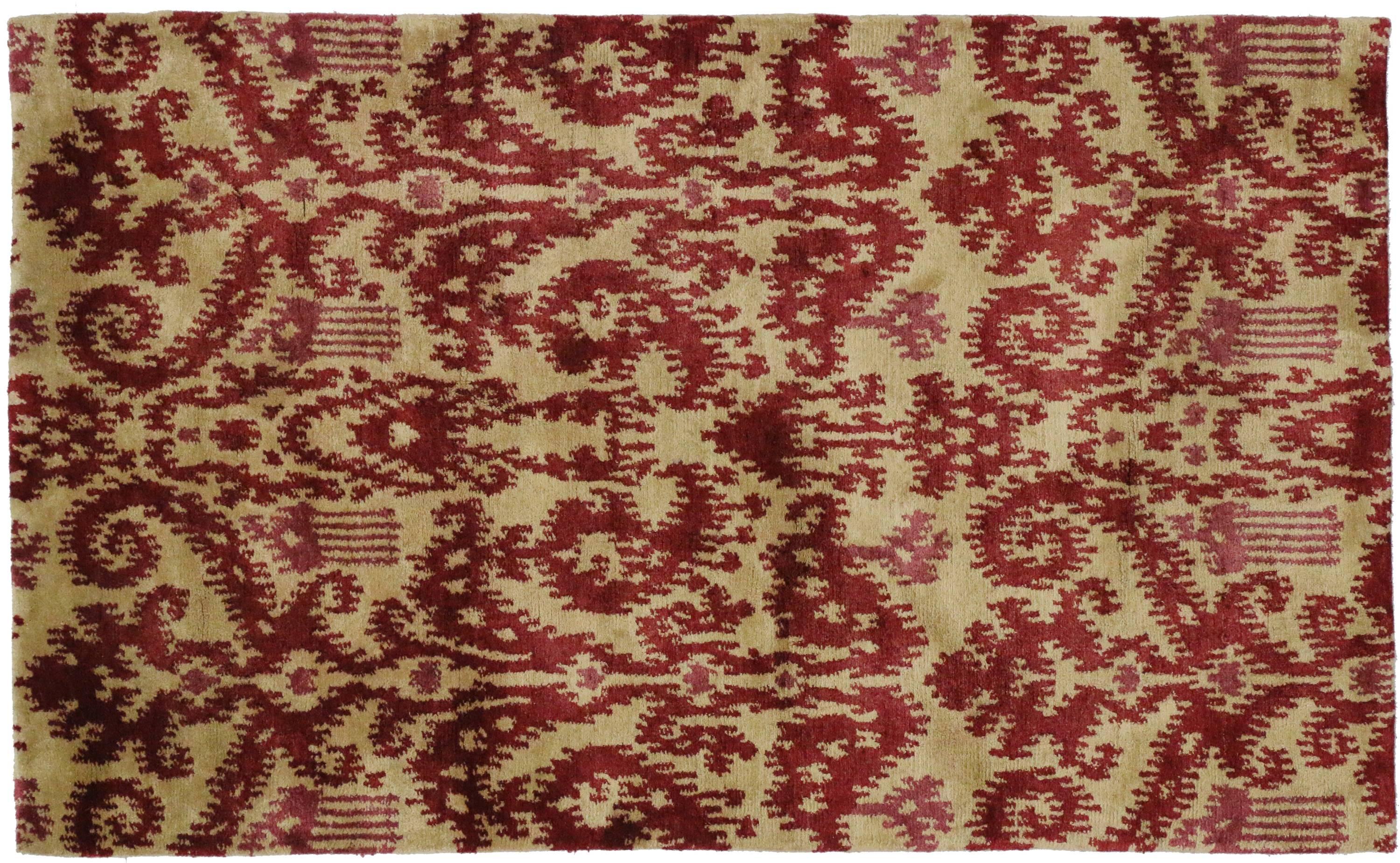 Lana Nuovo tappeto contemporaneo Ikat rosso con stile moderno, tappeto d'accento in vendita