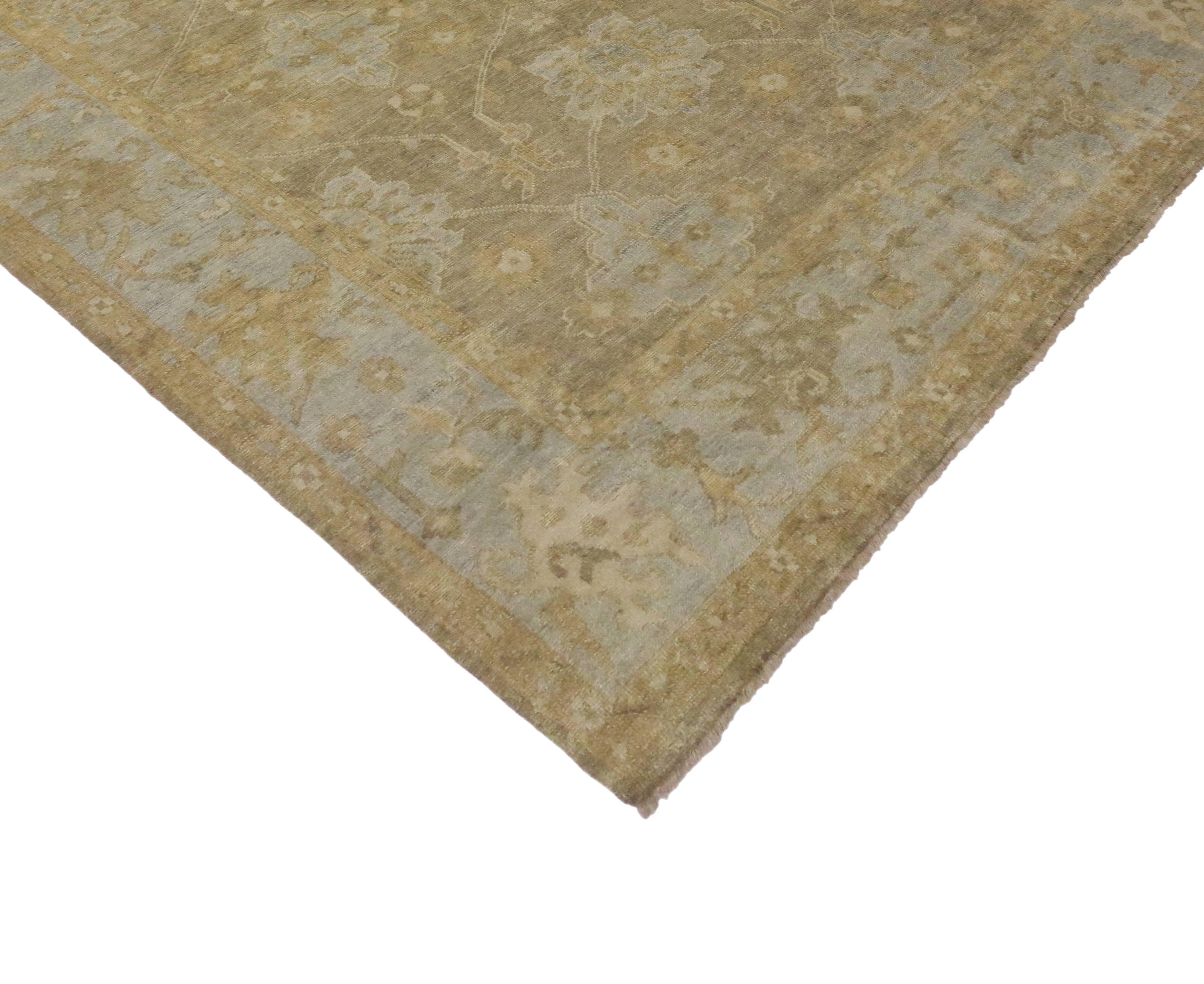 30098 New Contemporary Oushak Rug with Swedish Gustavian Style, Transitional Area Rug. Designed with a Classic aesthetic and lovely warm and neutral colors, this transitional style Oushak rug can ground nearly any space with sophistication and a