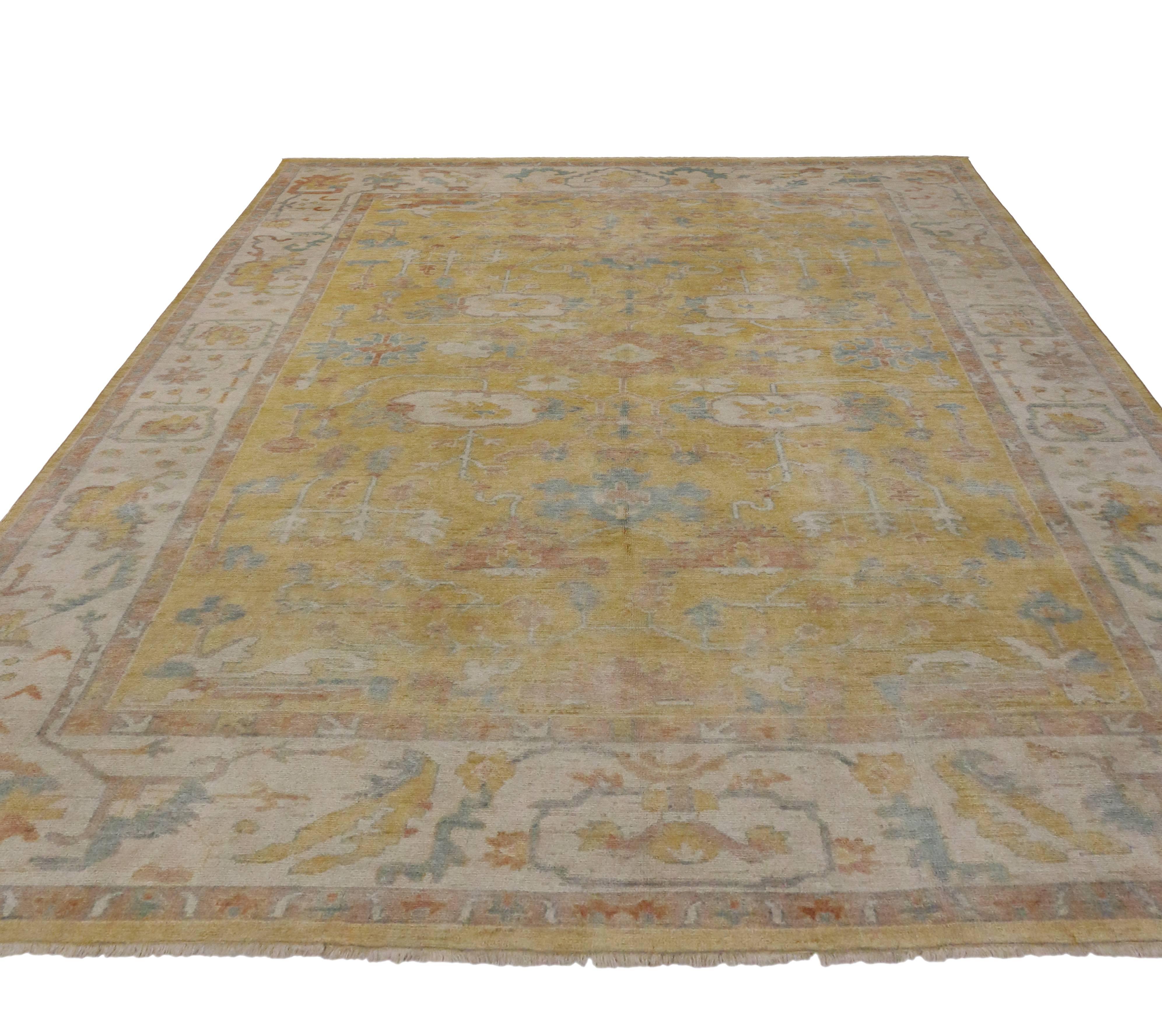 Indian Modern Yellow Oushak Rug with Transitional Style