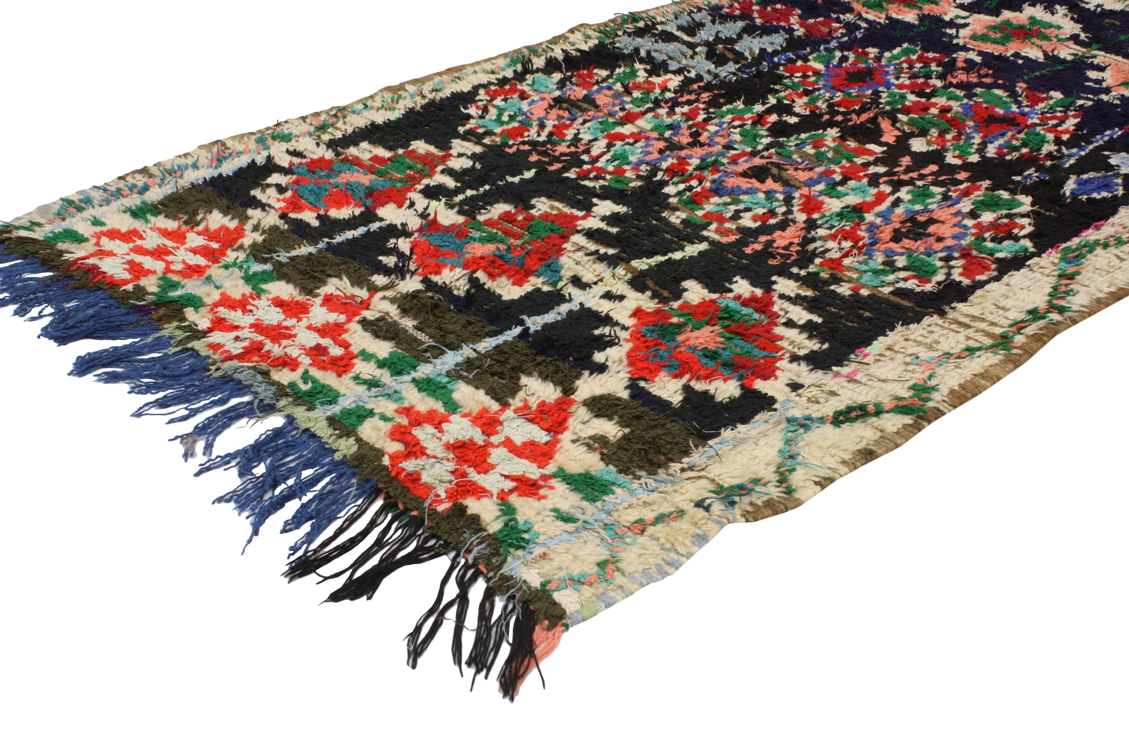 20460 Vintage Berber Moroccan Boucherouite Rug with Tribal Style and Memphis Design. This vintage Berber Moroccan Boucherouite rug is one of a kind, as it projects vivacious color, intricate geometric pattern and carries deep meaning woven within