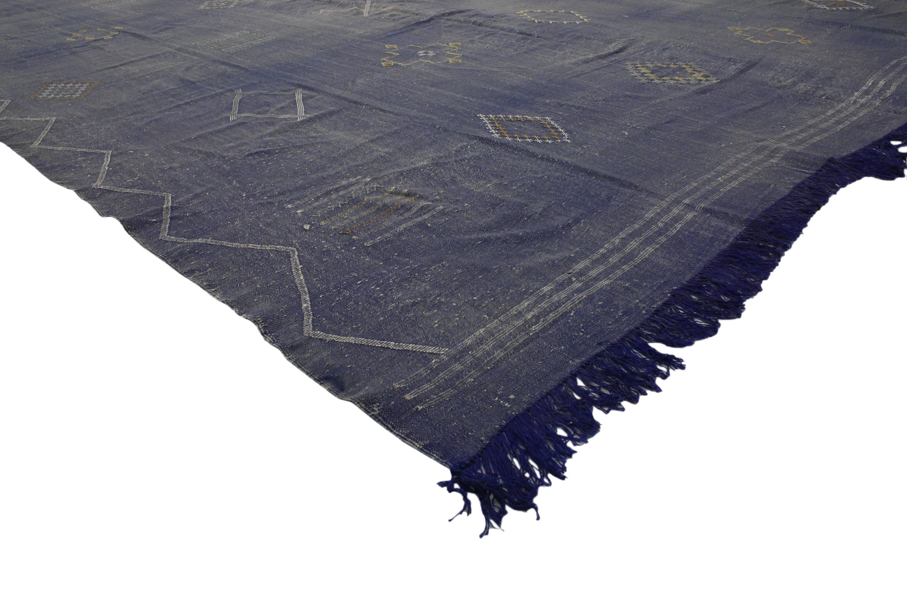 Sabra Cactus silk vintage Moroccan Kilim rug handwoven by the Berber Tribes of Morocco. Features colorful geometric shapes and Berber symbols of nature on a violet blue field. Among the multitude of designs, colors and sizes available, flat-weave