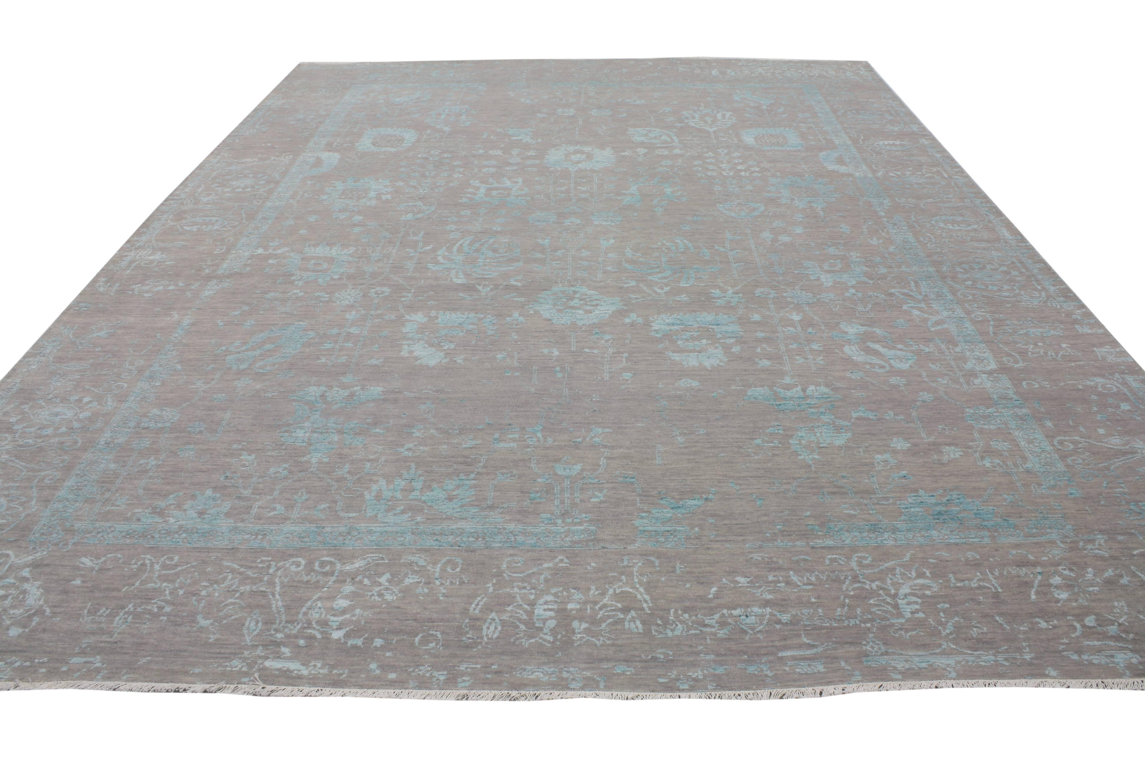 Indian Contemporary Gray Oushak Rug with Erased Design and Modern, Abstract Style