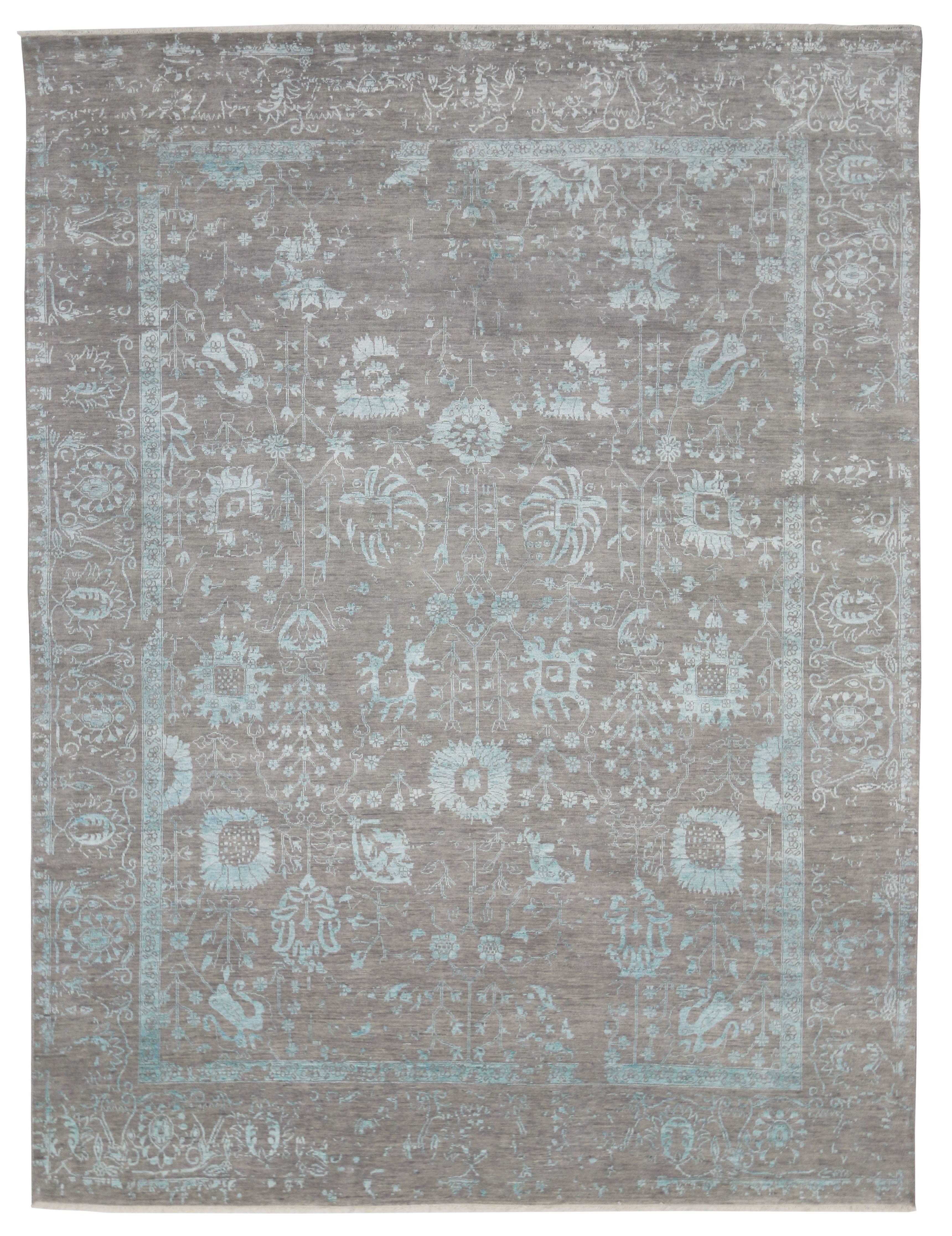 Wool Contemporary Gray Oushak Rug with Erased Design and Modern, Abstract Style