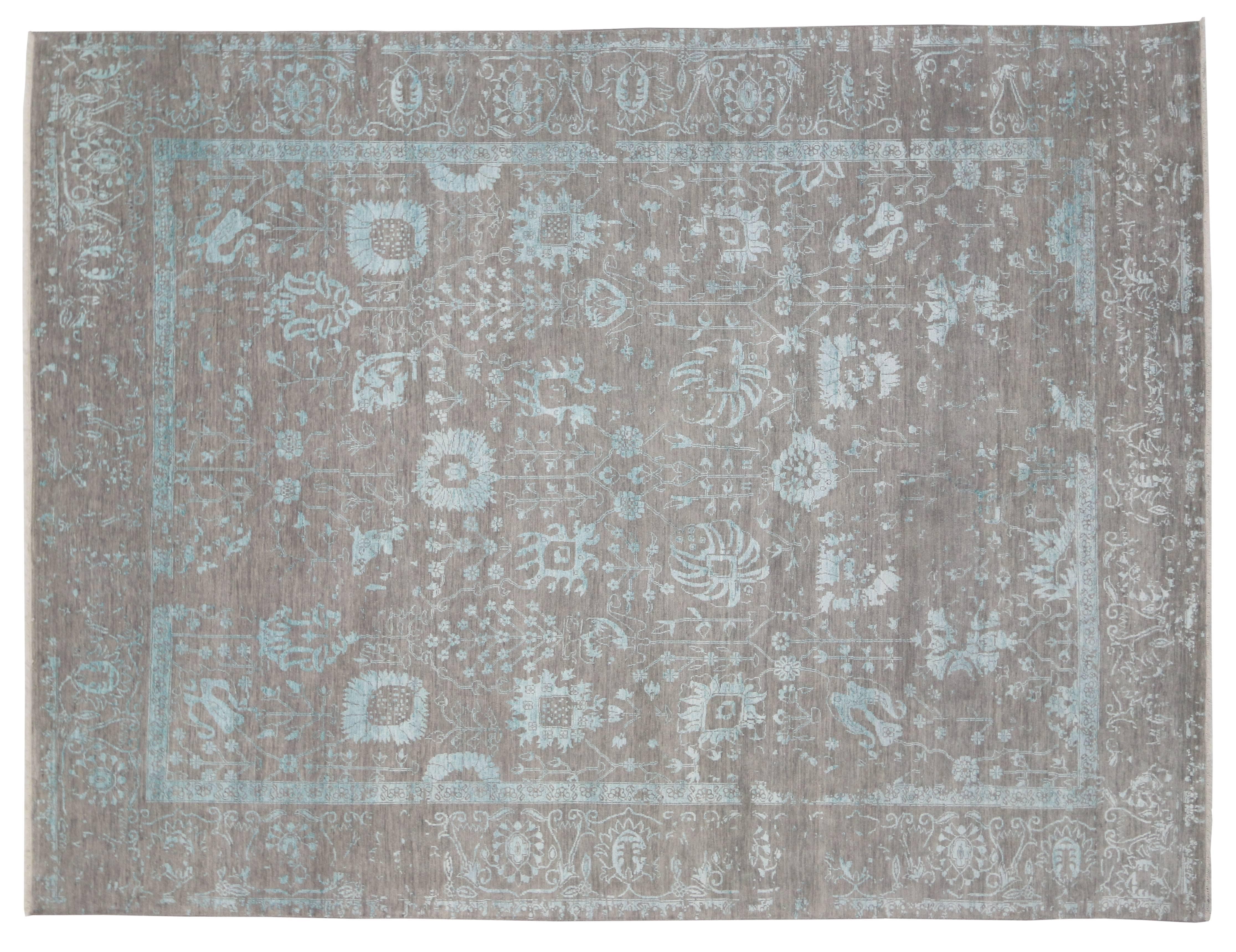 Contemporary Gray Oushak Rug with Erased Design and Modern, Abstract Style 1