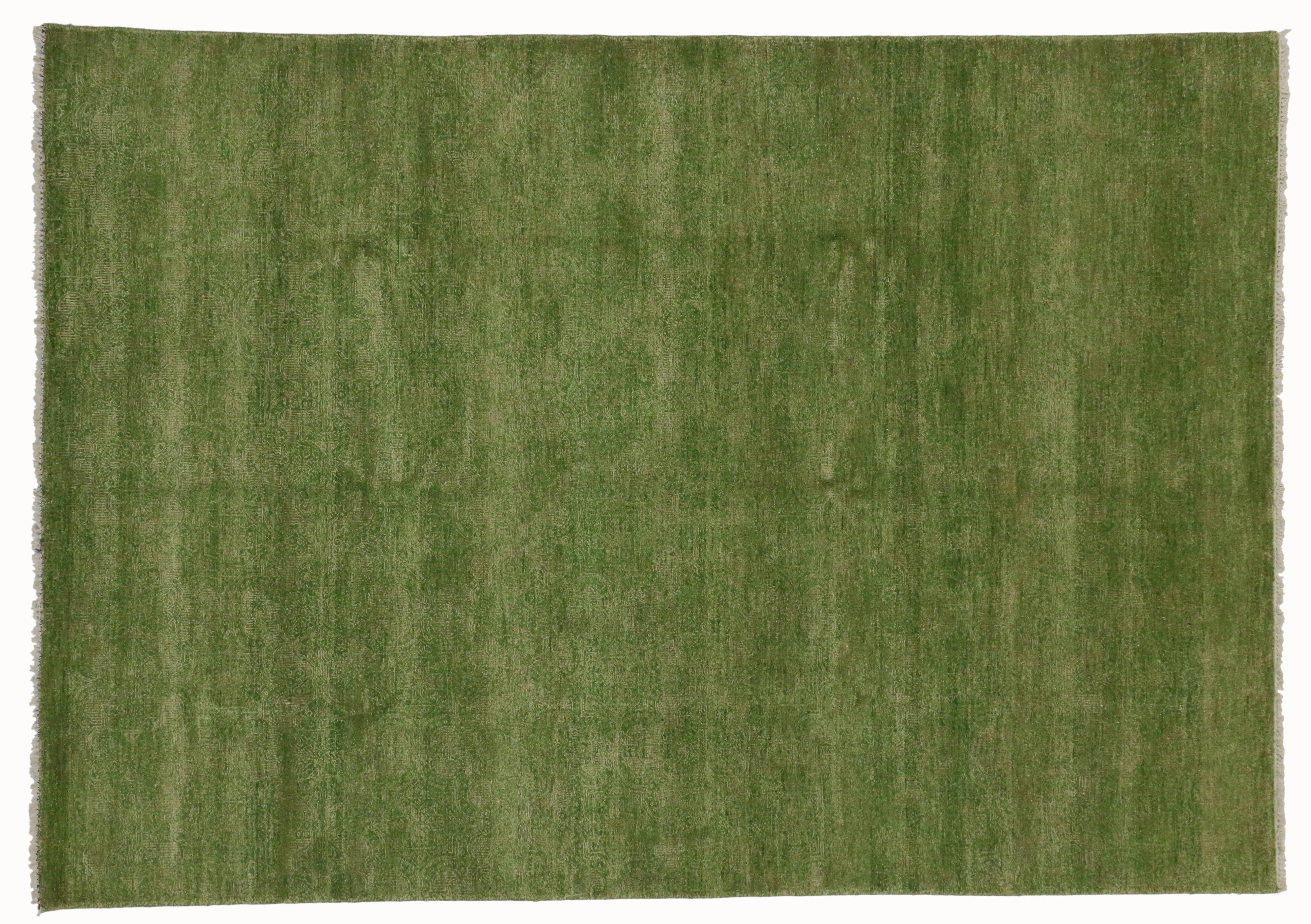 Hand-Knotted New Transitional Green Area Rug with Modern Style