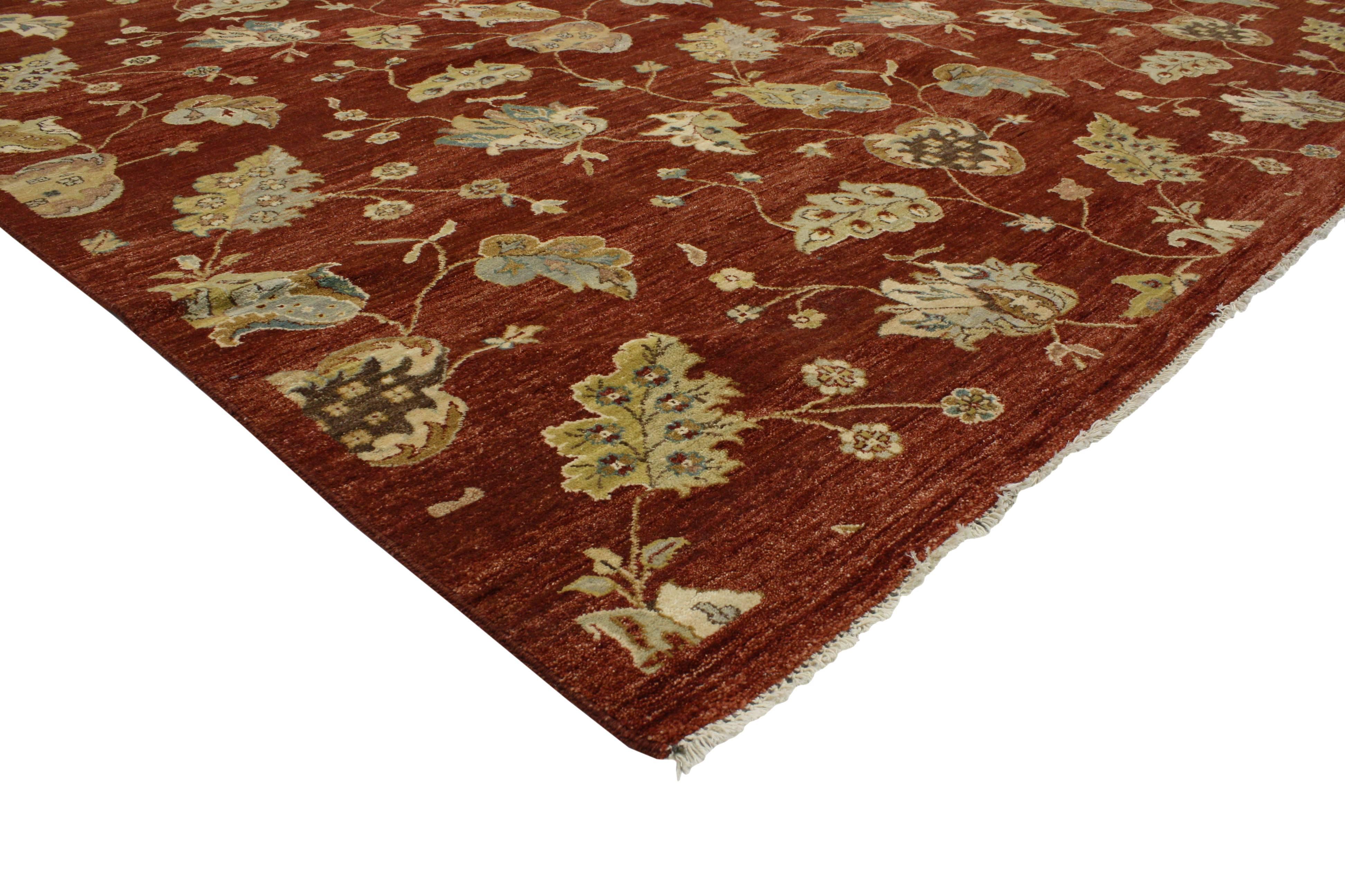 30291 New Transitional Square Rug with Modern Style, 08'00 x 08'03. The warm spice tone colors combined with the eye-catching floral pattern of this transitional style square rug make a major statement without visually overwhelming the rest of the