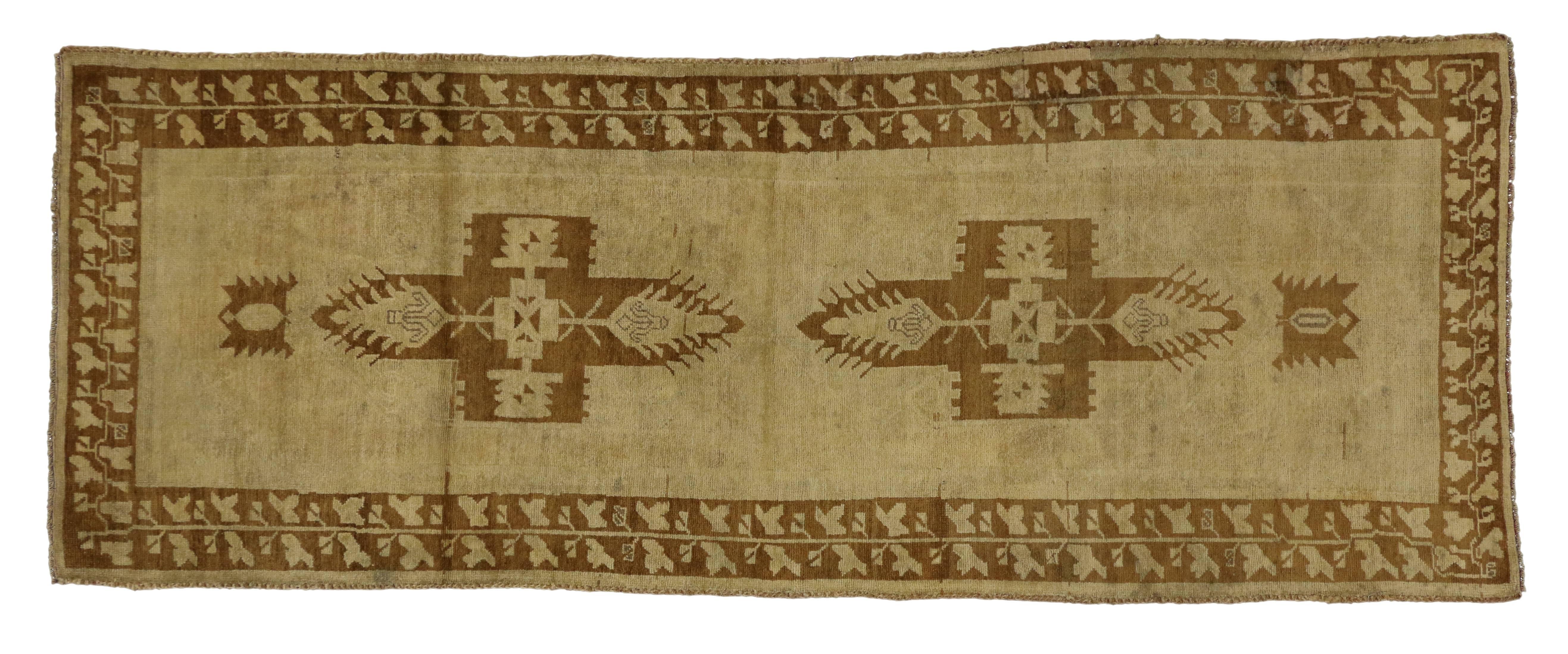 Wool Vintage Turkish Oushak Runner with Warm, Neutral Colors, Hallway Runner For Sale