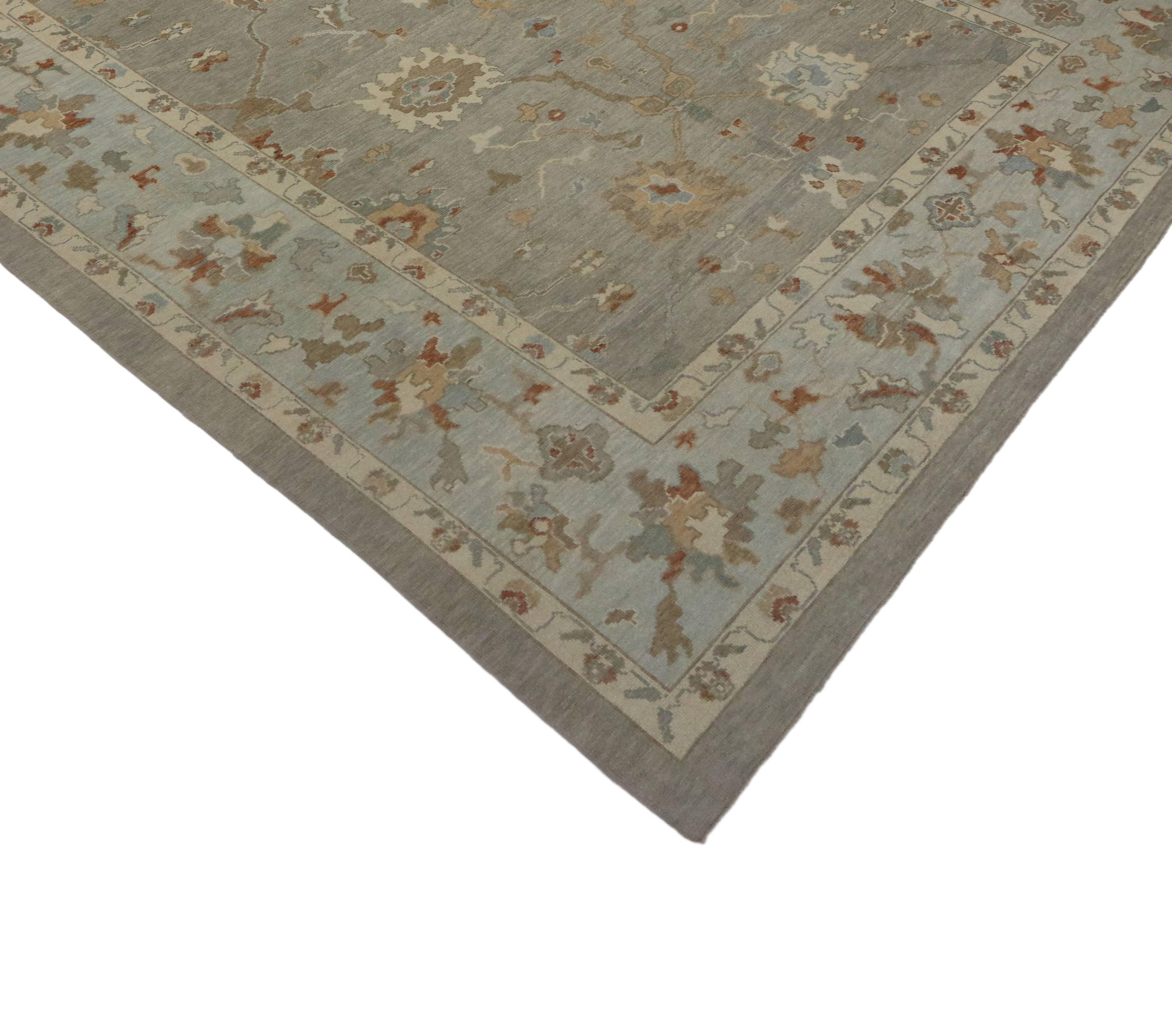51517 Modern Turkish Oushak Rug with Transitional Style 11'03 x 15'00. With its transitional style and subtle, airy color palette, this modern Turkish Oushak rug keeps the eyes entertained, but it is still serene and relaxing. This transitional