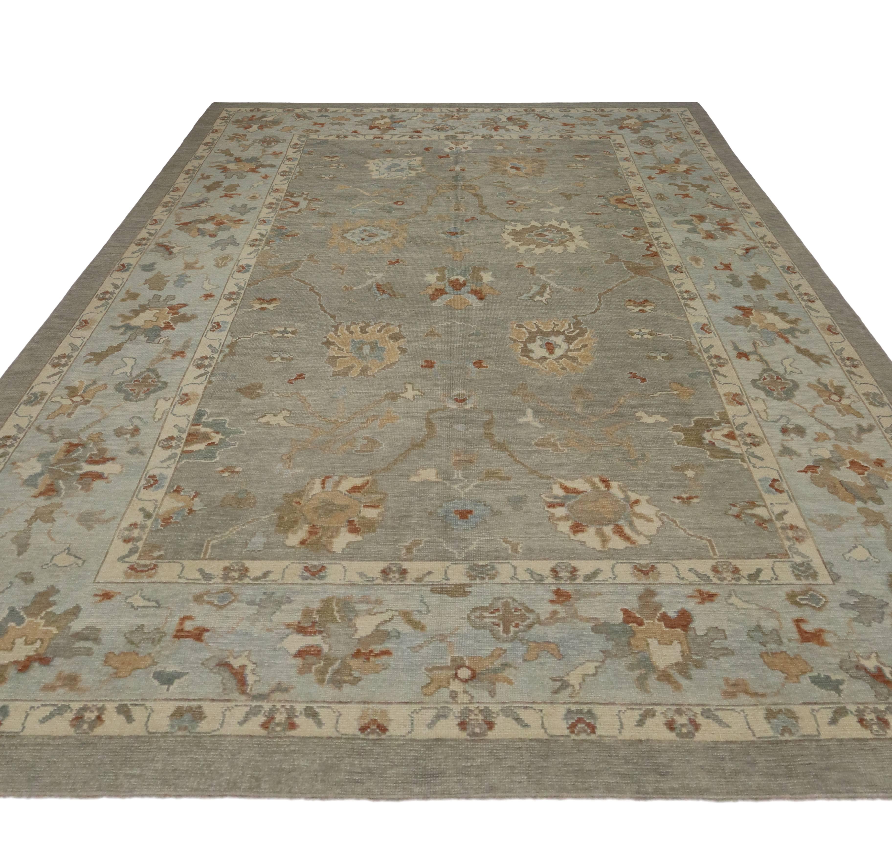 Hand-Knotted Modern Turkish Oushak Rug with Transitional Style