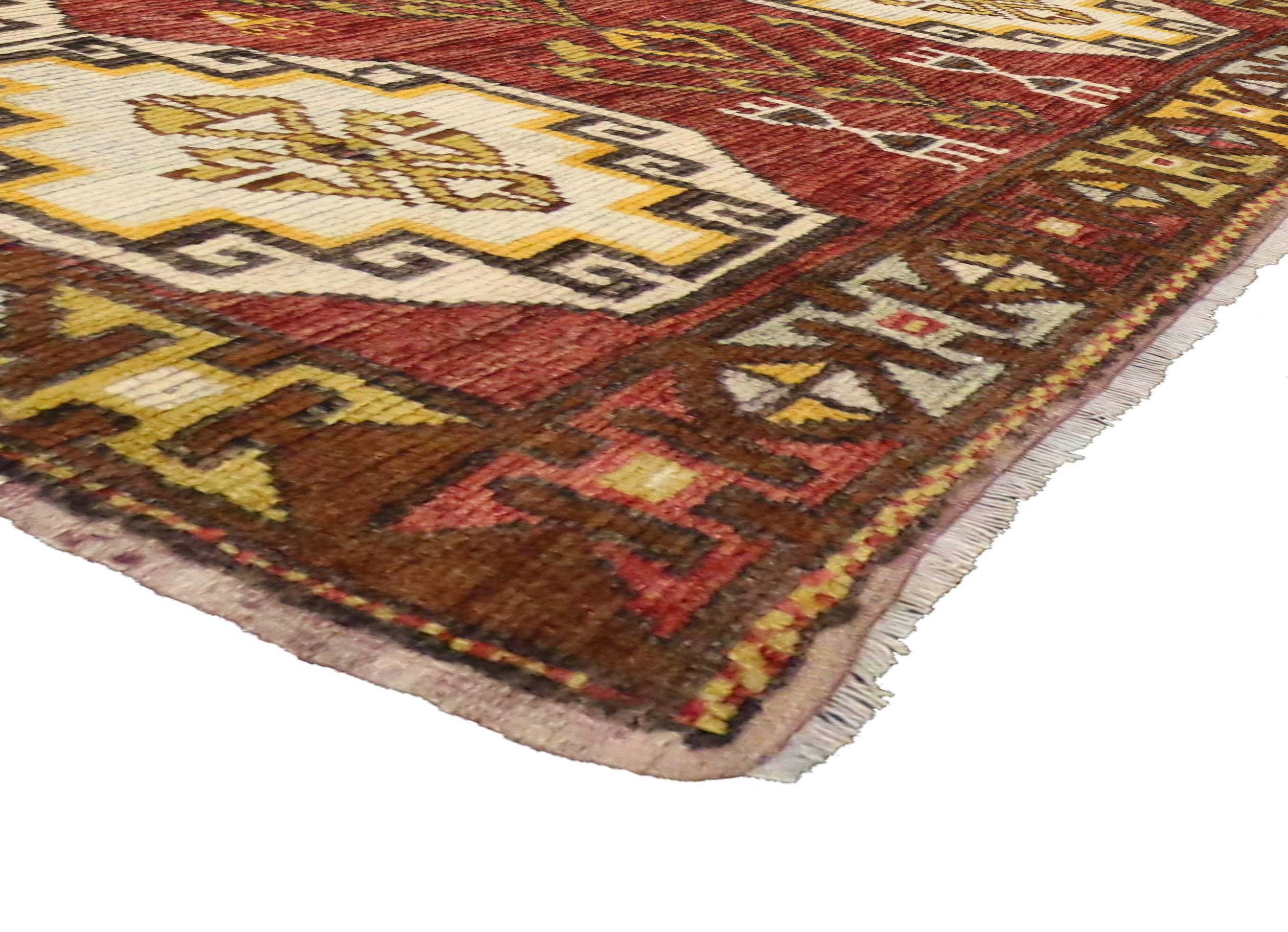 50087 Vintage Turkish Oushak Runner with Modern Tribal Style, Gallery Rug 04'00 x 07'09. Impeccably woven from hand-knotted wool and featuring luminous colors, this vintage Turkish Oushak carpet runner features a modern tribal style and can easily