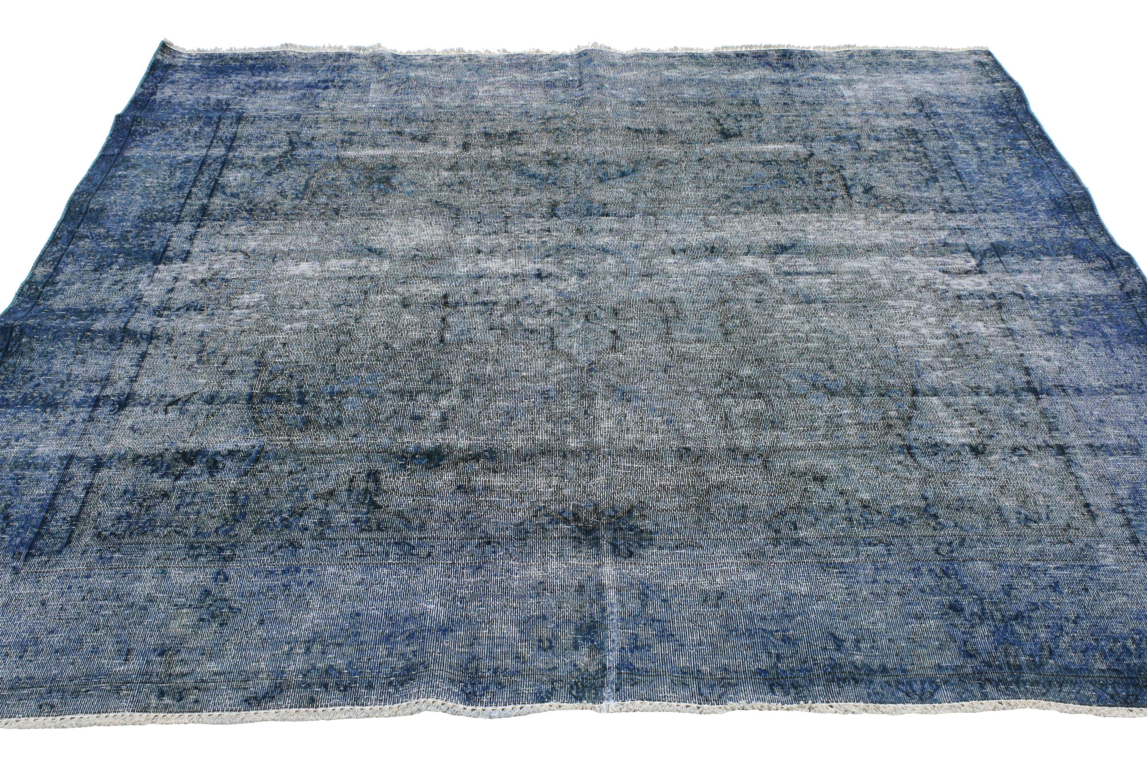 Hand-Knotted Distressed Overdyed Blue Persian Rug with Modern Industrial Style, Square Rug