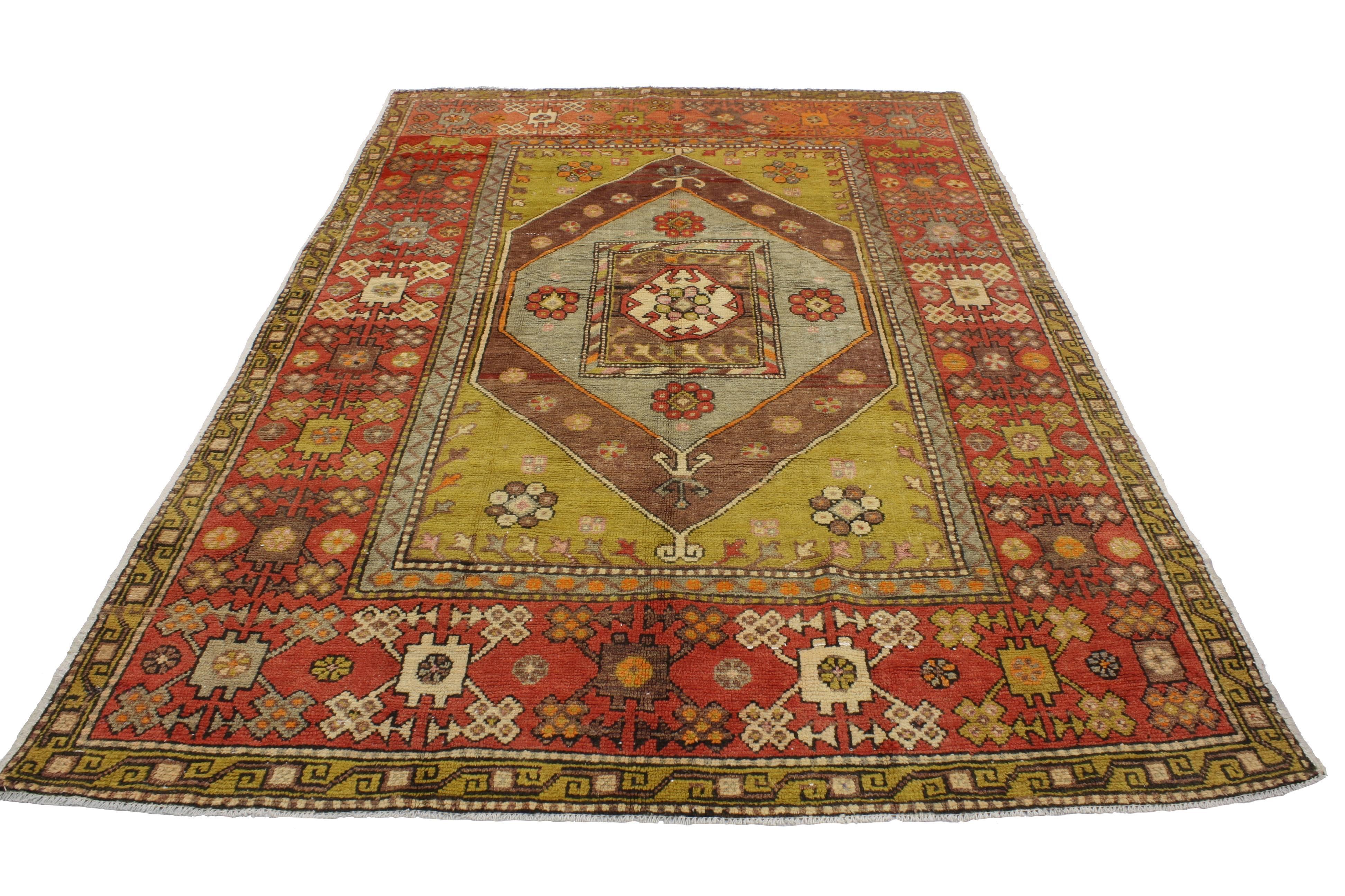 Hand-Knotted Vintage Turkish Oushak Rug with Warm Color Pop, Anatolian Yuntdag Rug