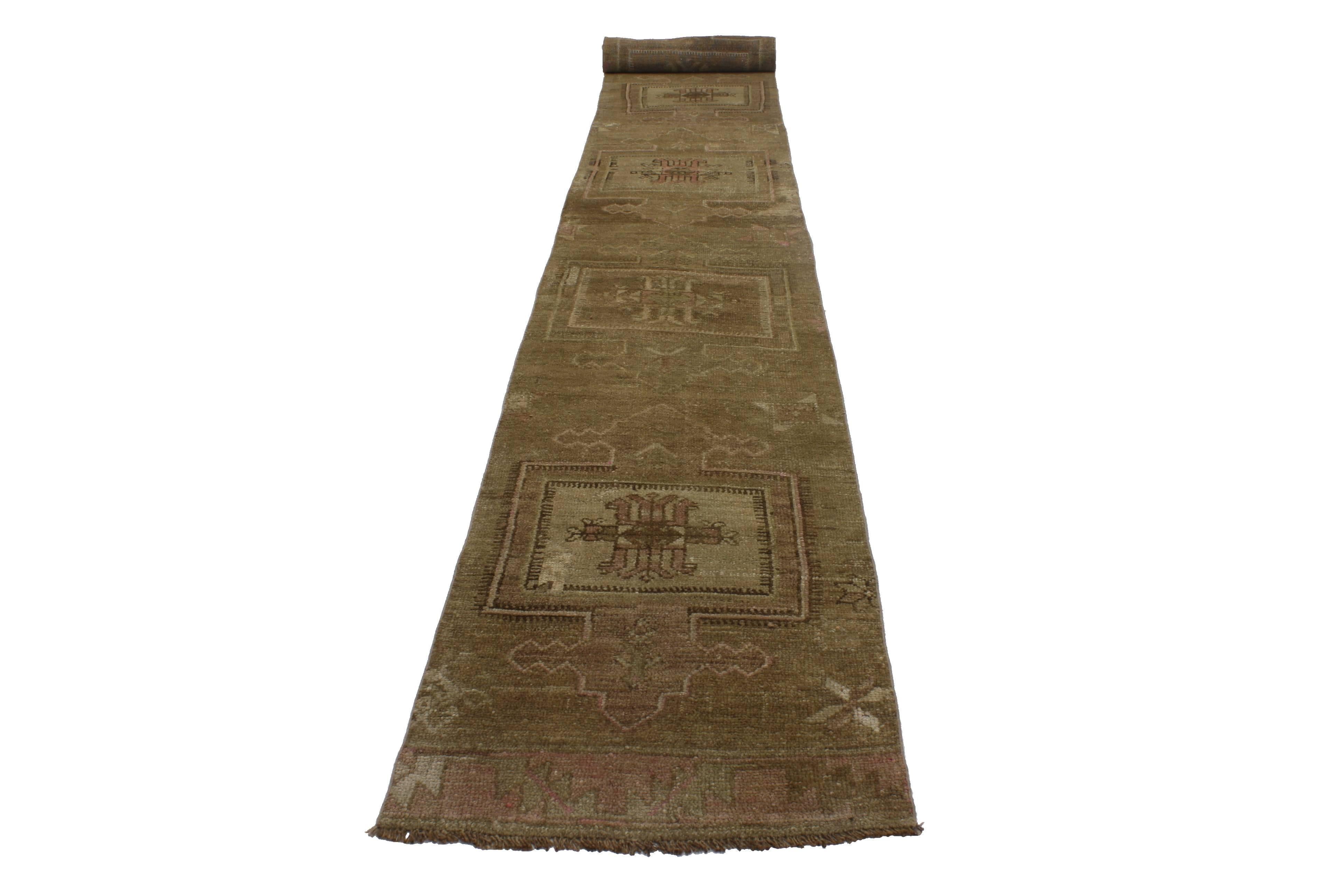 Hand-Knotted Vintage Turkish Oushak Extra-Long Runner with Modern Style, Hallway Runner