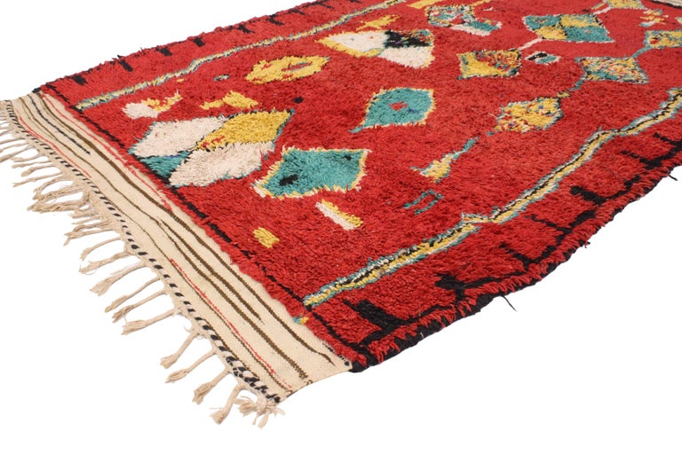 20484 Vintage Red Moroccan Rug, Modern Tribal Style Berber Moroccan Rug 04'10 x 07'00. This hand-knotted wool vintage Moroccan rug is heavily ornamented by diamonds and confetti sprinkles enclosed by a ladder motif and colored stripes. Diamonds